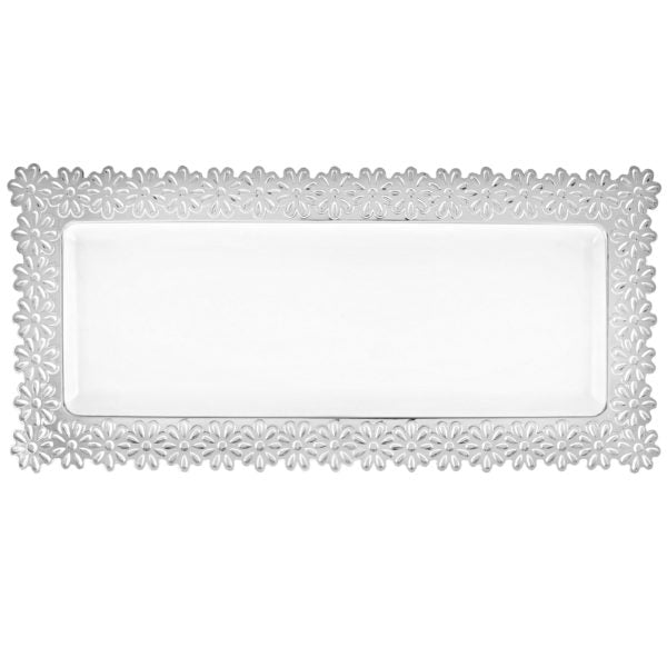 White Plastic Oblong Flower Design Tray - 2 Count