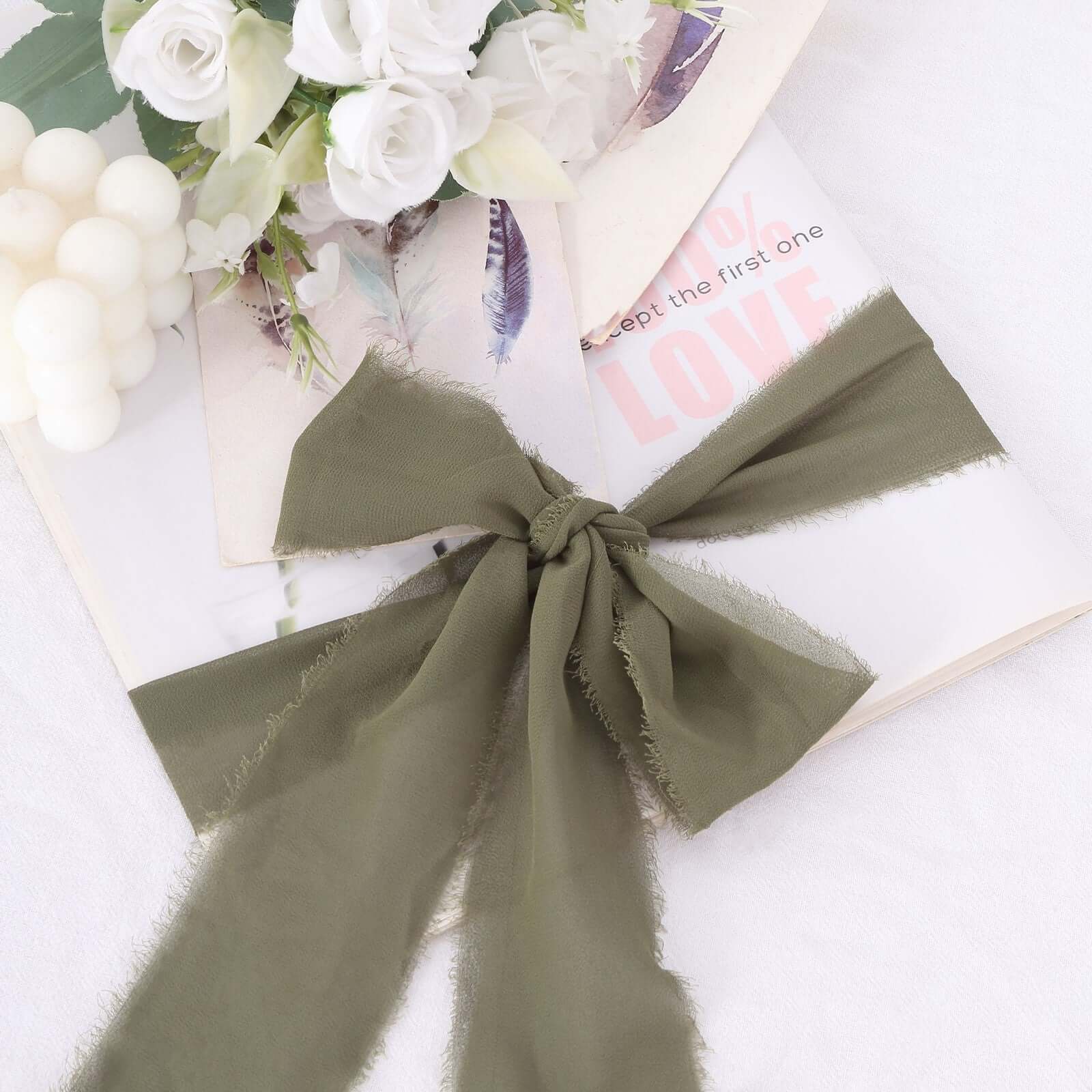 2 Pack 6yds Dusty Sage Green Silk-Like Chiffon Ribbon Roll, DIY Wedding Bouquet Linen Wrap Ribbons HIER_9400