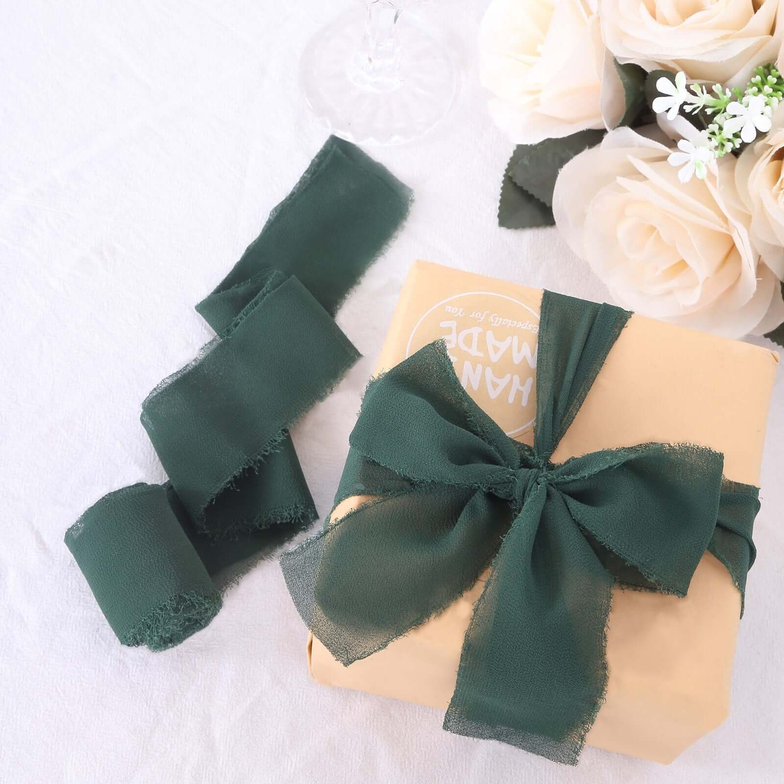 2 Pack 6yds Hunter Emerald Green Silk-Like Chiffon Ribbon Roll, DIY Wedding Bouquet Linen Wrap Ribbons HIER_9400