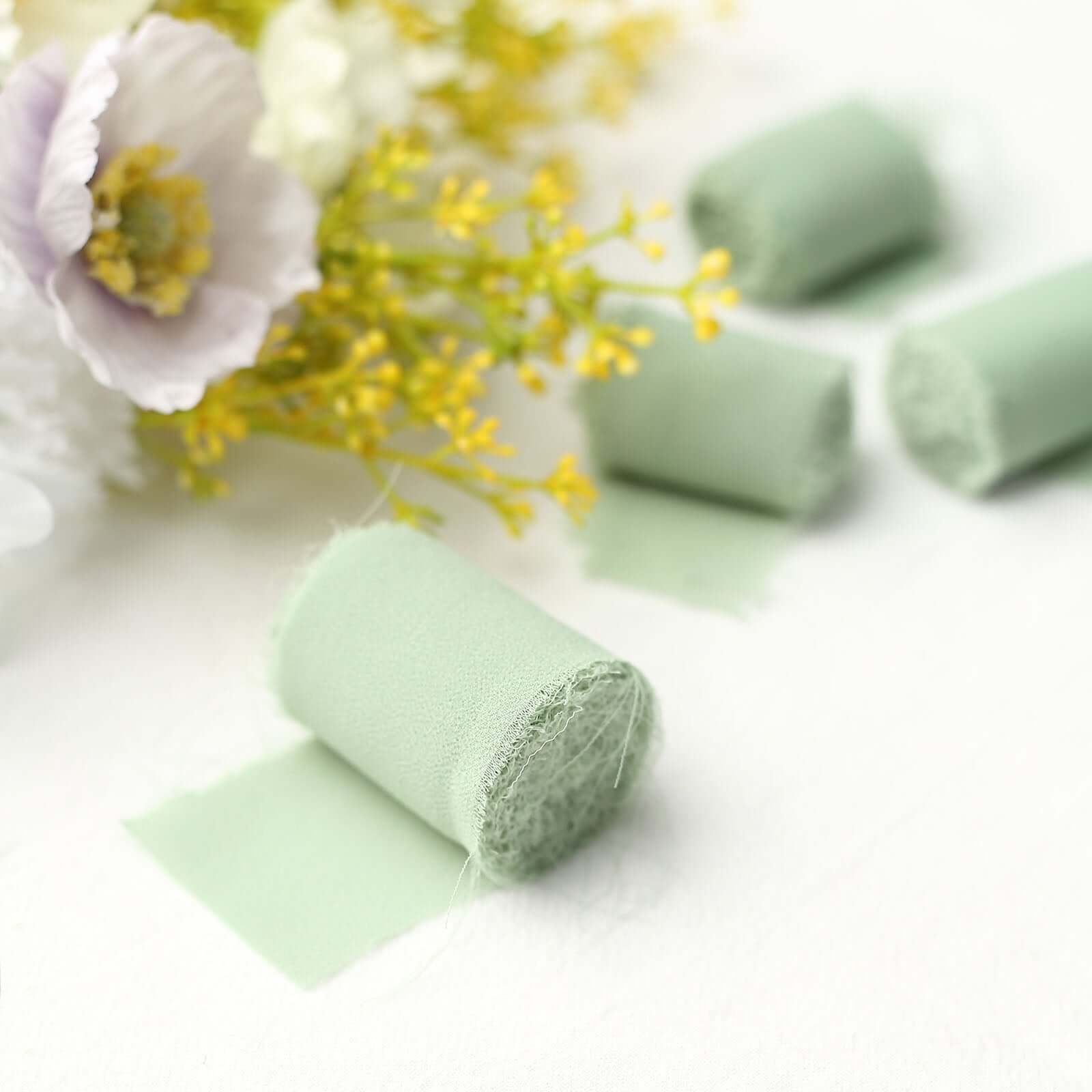 2 Pack 6yds Sage Green Silk-Like Chiffon Ribbon Roll, DIY Wedding Bouquet Linen Wrap Ribbons HIER_9400
