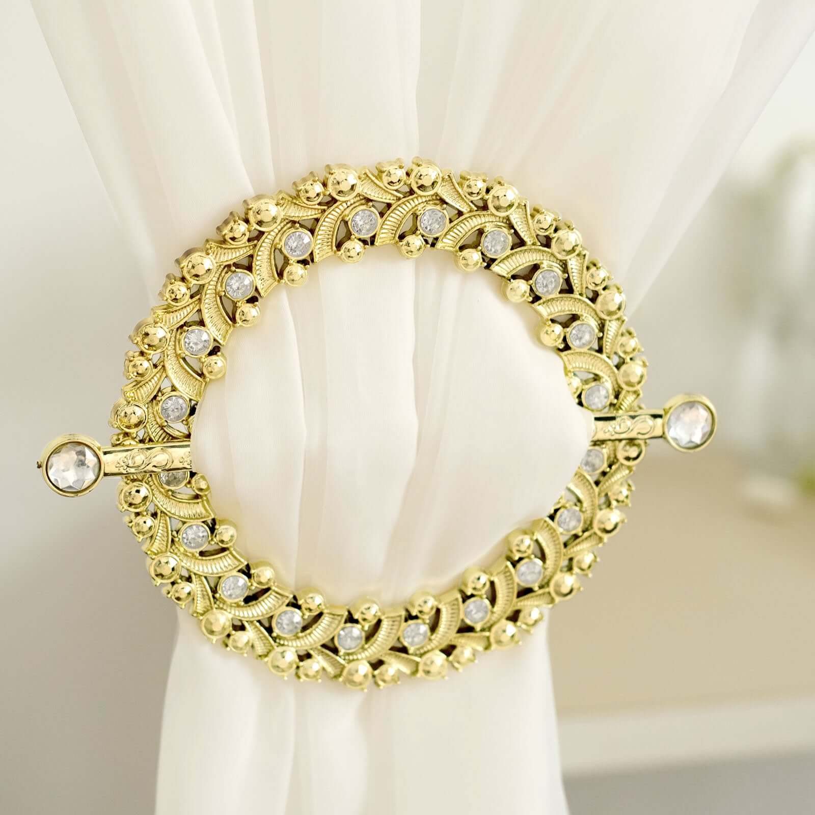 2 Pack 7" Gold Barrette Style Acrylic Crystal Curtain Tie Backs, Round Backdrop Drapery Brooch Holdbacks Curtains HIER_5500