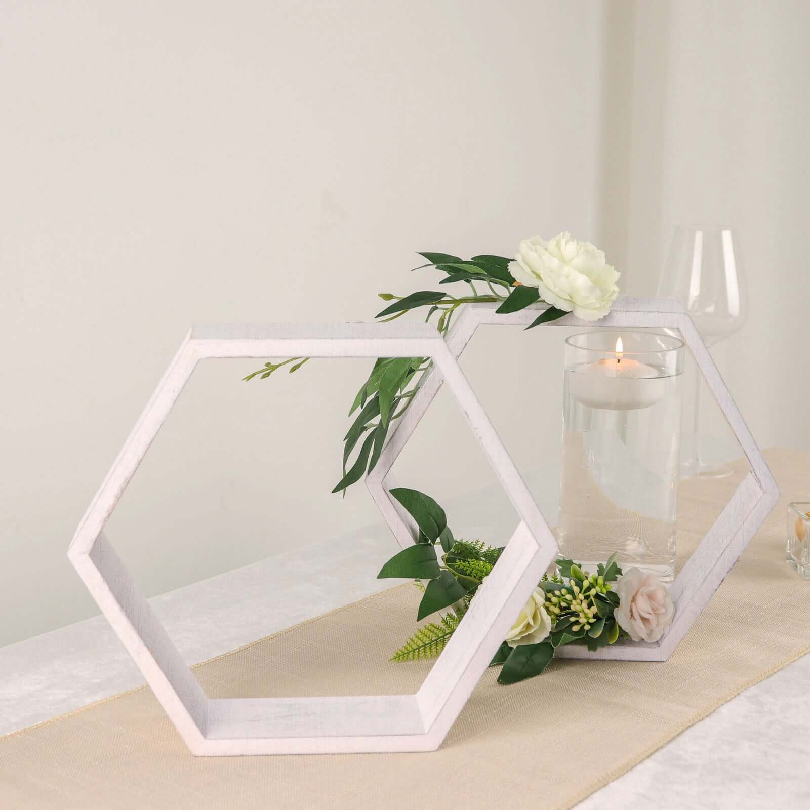2 Pack 9" Hexagon Whitewashed Wood Centerpiece, Geometric Terrarium, Honeycomb Storage Shelf Decorations HIER_7200