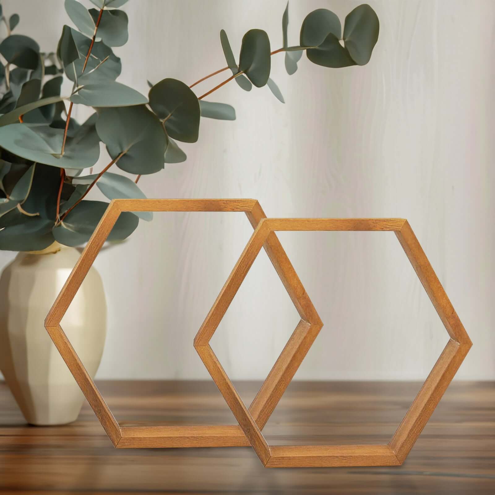 2 Pack 9" Tall Hexagon Rustic Wood Centerpiece Natural Geometric Terrarium Honeycomb Storage Shelf Decorations HIER_7200