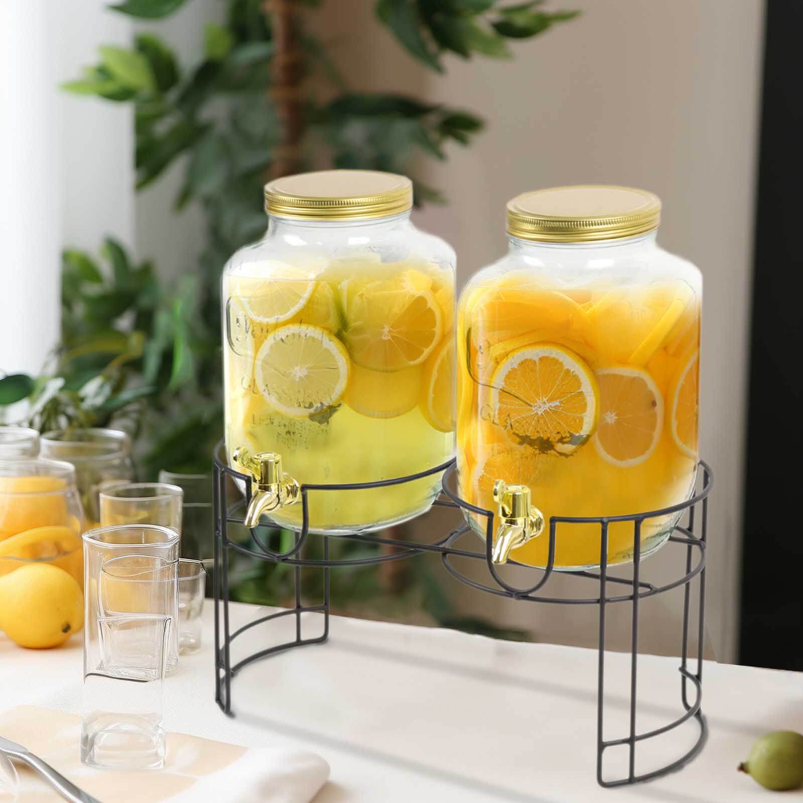 2-Pack Clear Glass Beverage Dispenser Stand, Dual Juice Jars with Gold Metal Lids and Spigot - Convenient Serving Feature 2-Gallon Beverage Dispensers HIER_4520