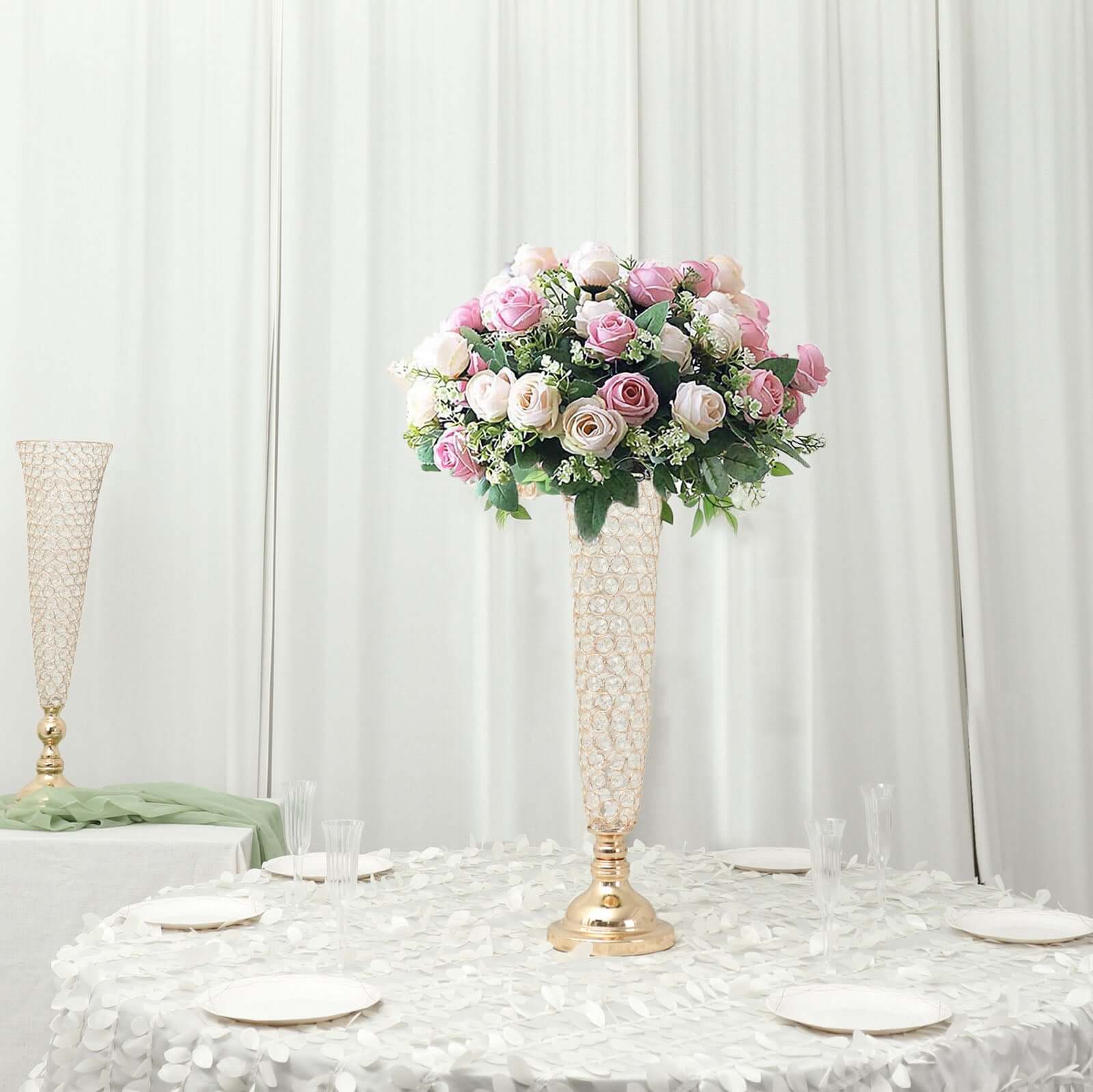 2-Pack Crystal Beaded Trumpet Vase Gold - Exquisite Floral Display Centerpiece Stand Set for Banquets & Receptions 28" Tall Vases HIER_7320