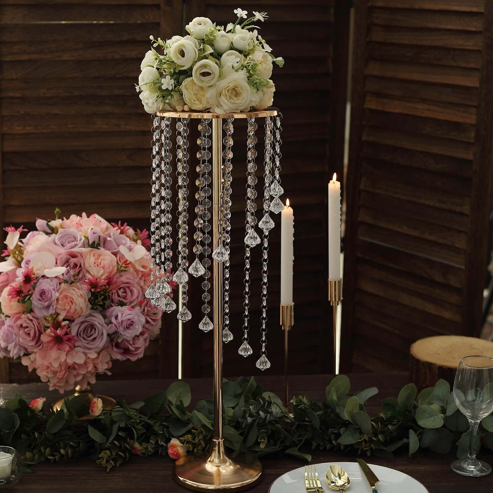 2-Pack Metal Flower Stand Gold with Spiral Hanging Beads - Crystal Pedestal Table Wedding Centerpiece 24" Centerpieces HIER_7320