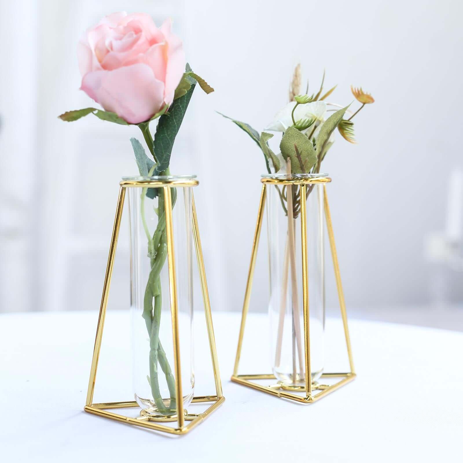 2-Pack Mini Wedding Centerpieces Gold Metal Frame Triangular Geometric Design - Test Tube Bud Vases 6" Centerpieces HIER_7320