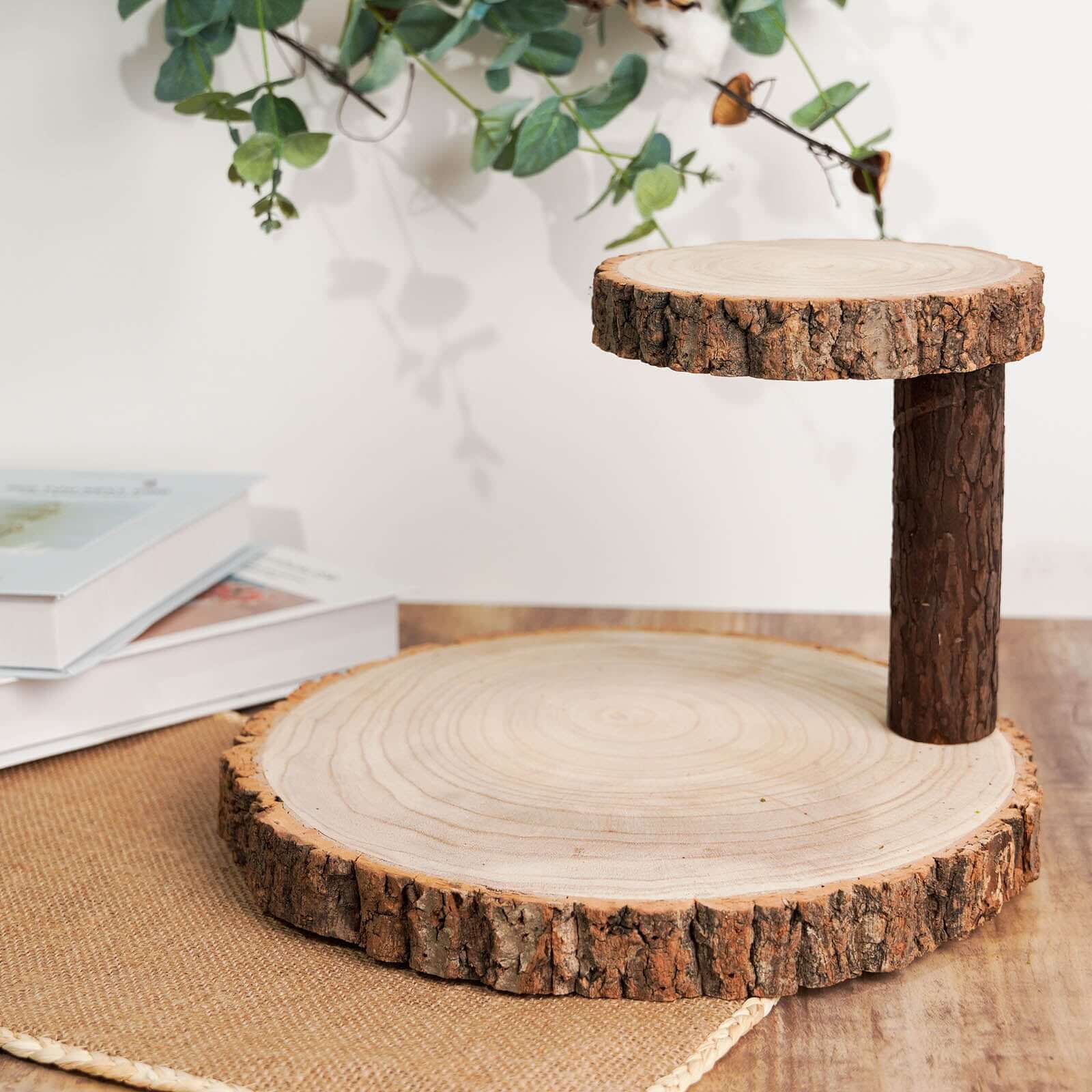 2-Tier Wooden Cheese Board Stand Elm Wood Slice Design Natural - Rustic Cupcake Centerpiece 8" Cake Stands HIER_7520