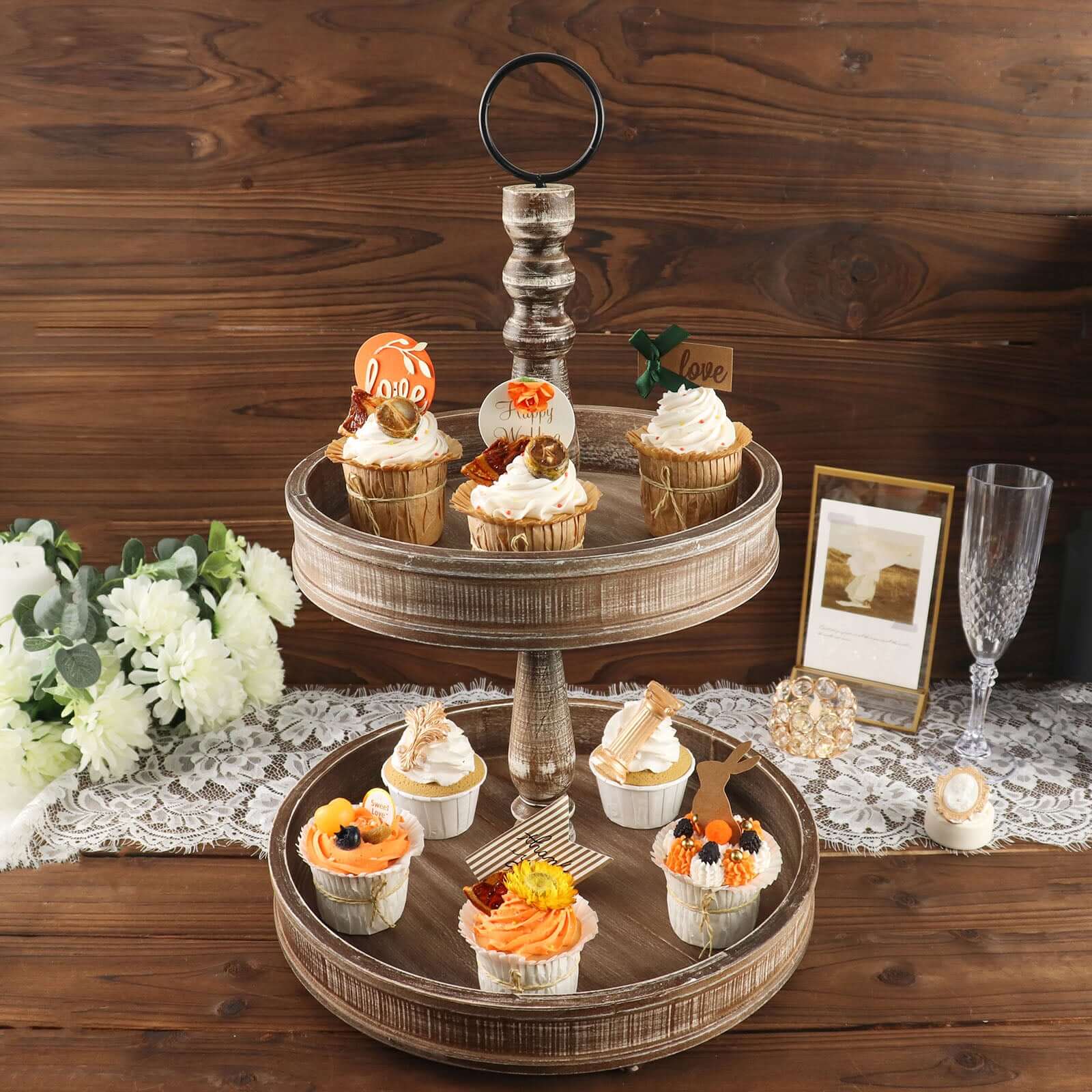 2-Tier Wooden Serving Tray Stand Rustic Brown Design - Farmhouse Style Cupcake Display 20" Cake Stands HIER_7520
