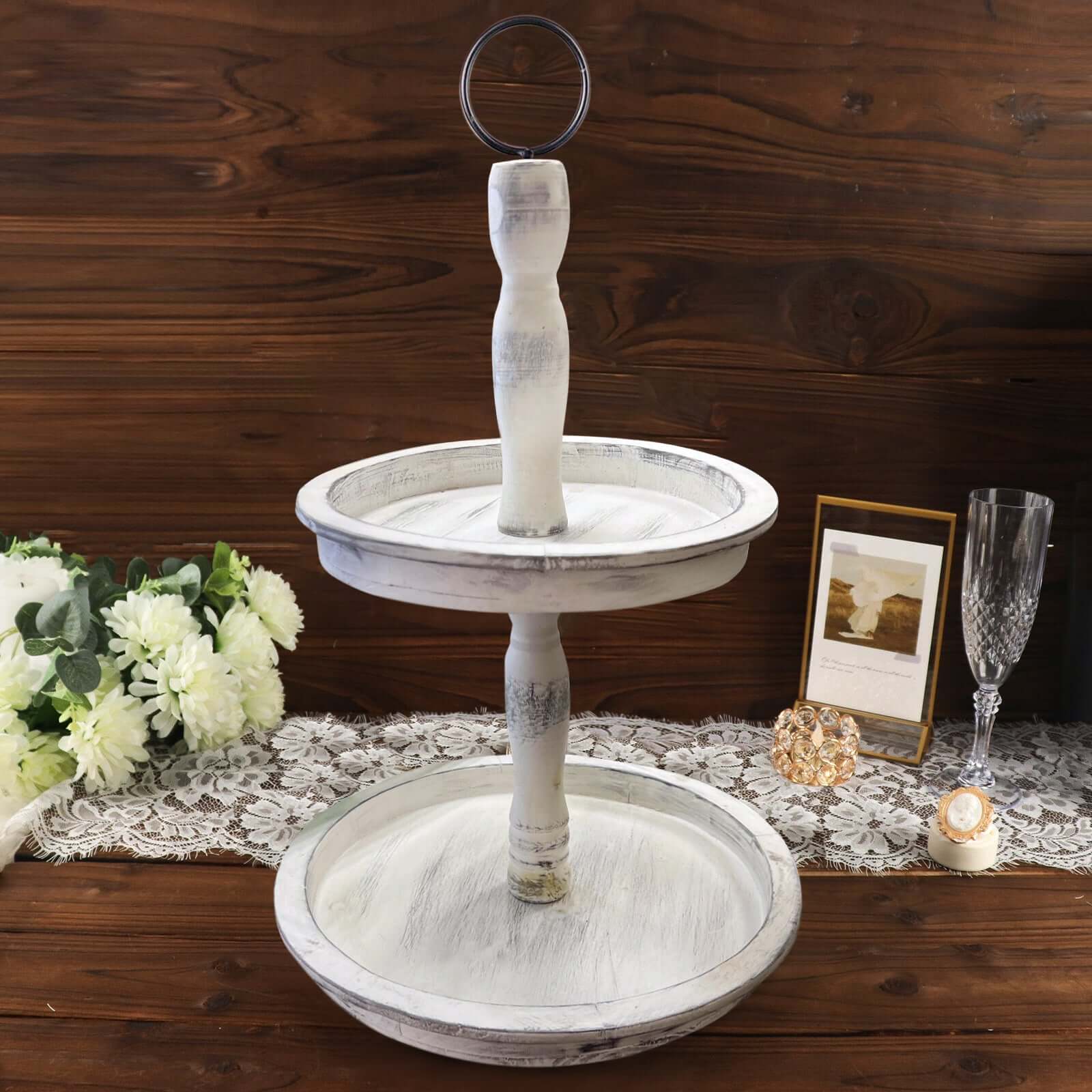 2-Tier Wooden Serving Tray Stand Rustic Whitewashed Design - Farmhouse Style Cupcake Display 20" Cake Stands HIER_7520