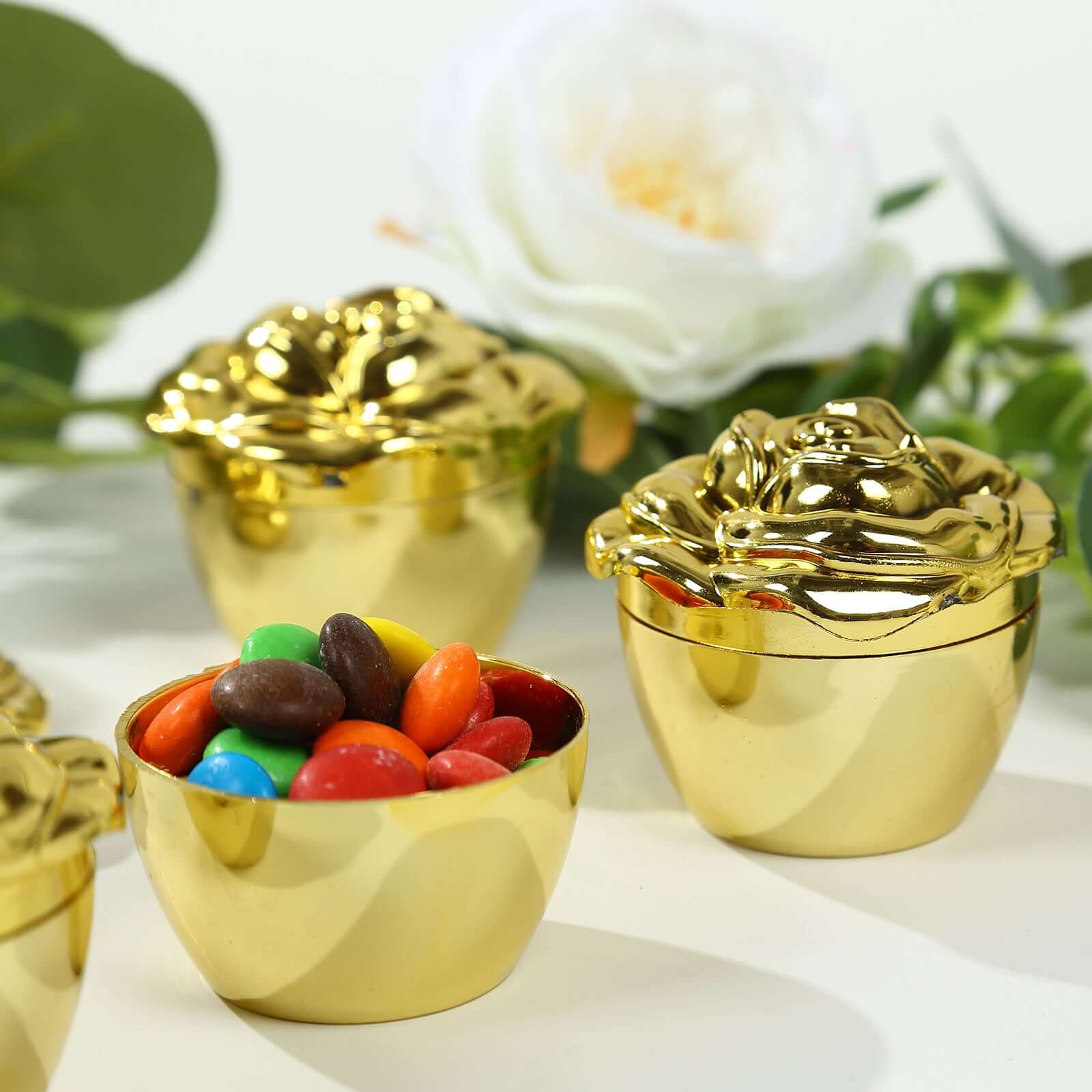 20-Pack Plastic Fillable Mini Candy Container in Vintage Rose Style Gold with Lids - Stylish Candy Treat Favor Boxes 2" Decorations HIER_9750