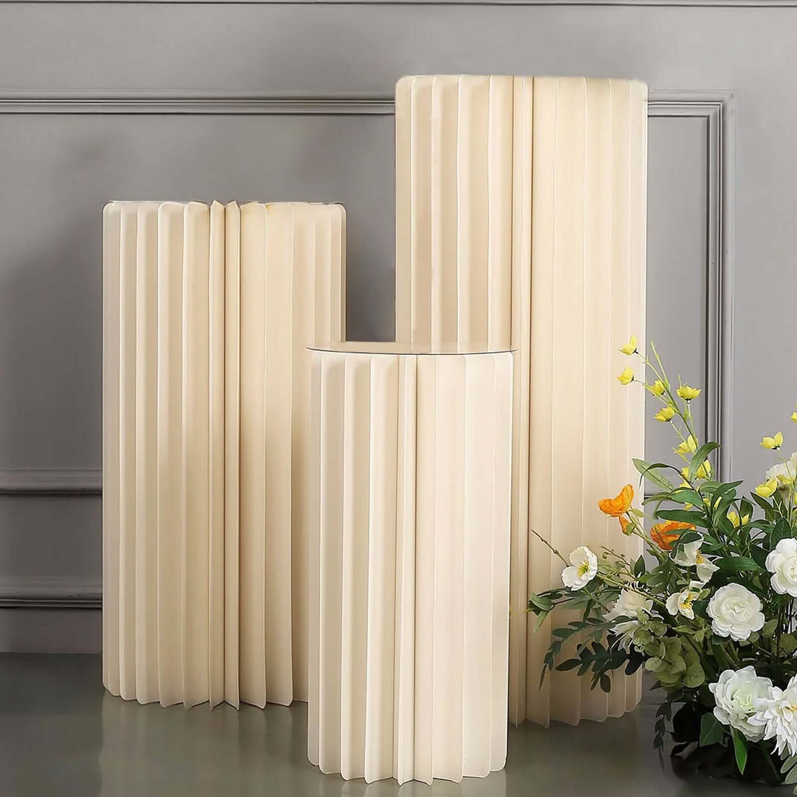 24" Ivory Cylinder Display Column Stand, Pillar Pedestal Stand With Top Plate Decorations HIER_7600
