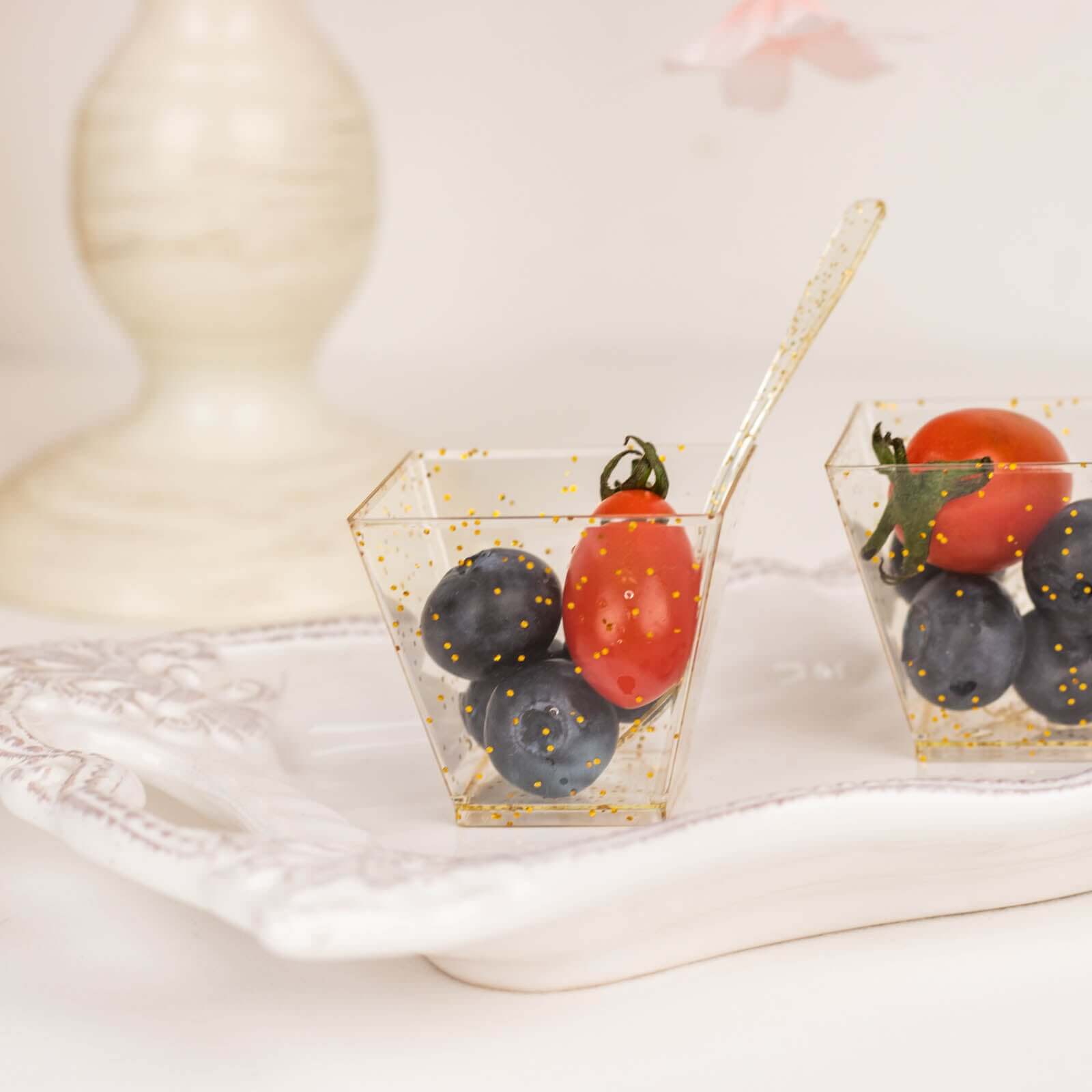 24-Pack Plastic Square Dessert Cups Clear with Gold Glitters - Disposable Snack Serving Bowls and Spoon Set for Parties, Events & Banquets 2oz Disposables HIER_4400