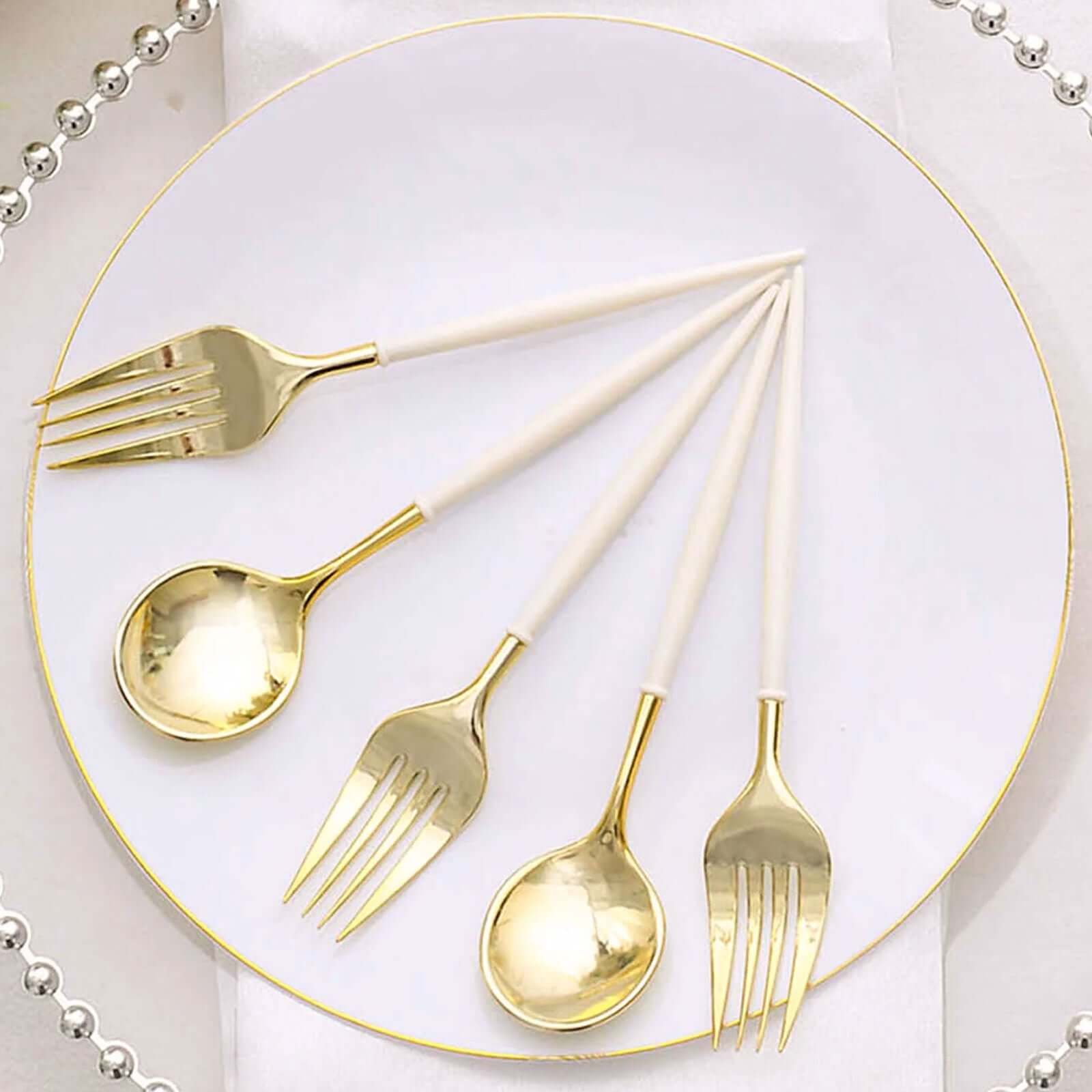 24-Pack Plastic Fork and Spoon Set Gold/Ivory - Heavy Duty Disposable Modern Utensils 6" Disposables HIER_4220
