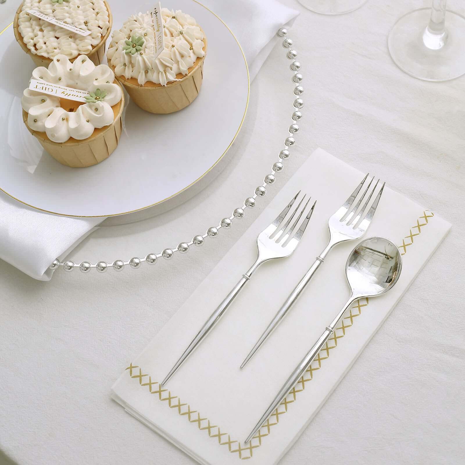 24-Pack Plastic Fork and Spoon Set Metallic Silver - Heavy Duty Disposable Modern Utensils 6" Disposables HIER_4220