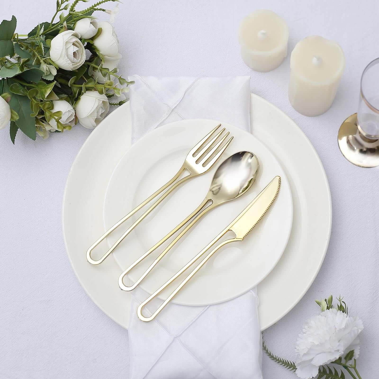 24-Pack Plastic Utensil Set with Modern Hollow Handle Design Gold - Disposable Silverware 7" for Parties Disposables HIER_4220