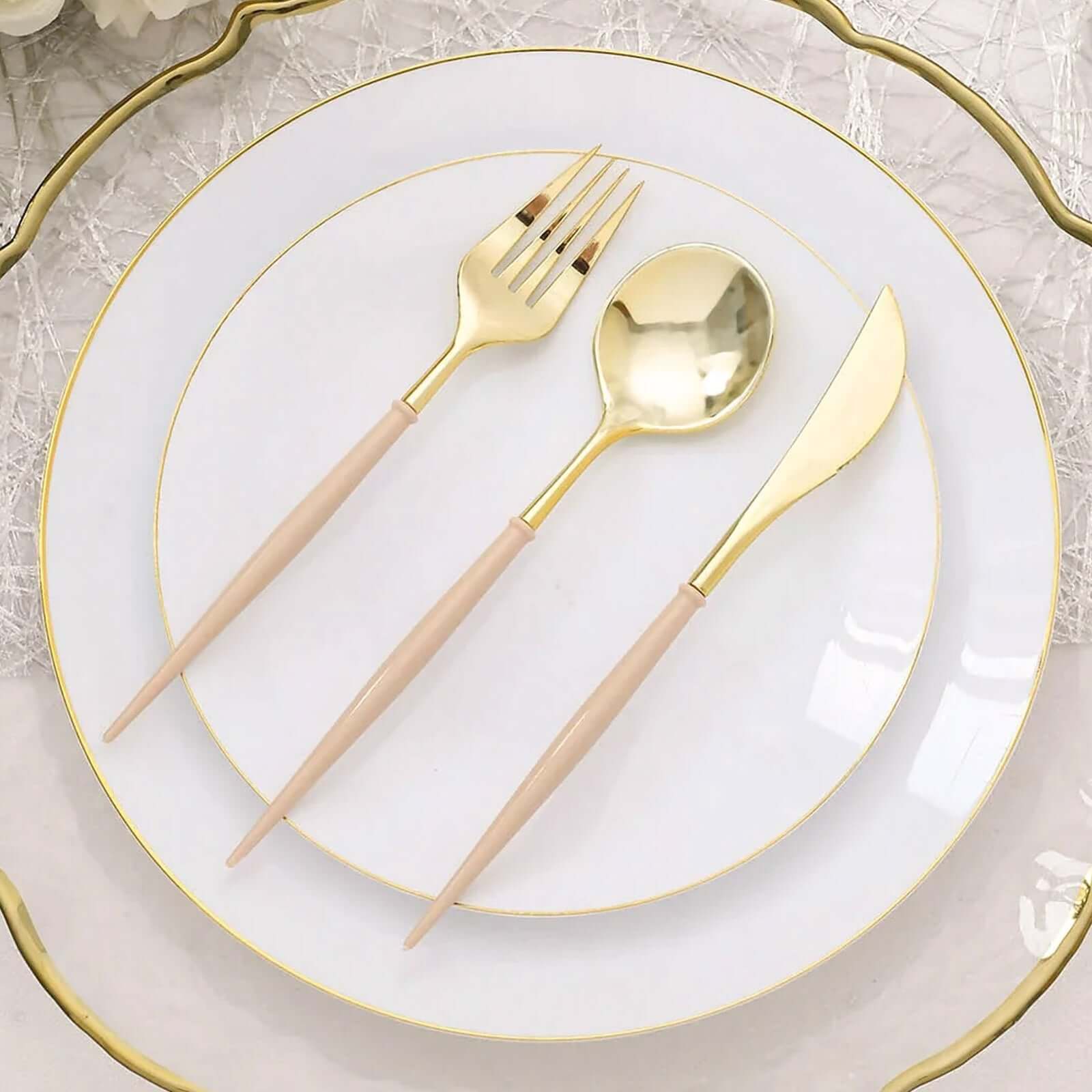 24-Pack Plastic Flatware Set in Metallic Gold with Beige Handle - Heavy Duty Disposable Modern Silverware 8" Disposables HIER_4220