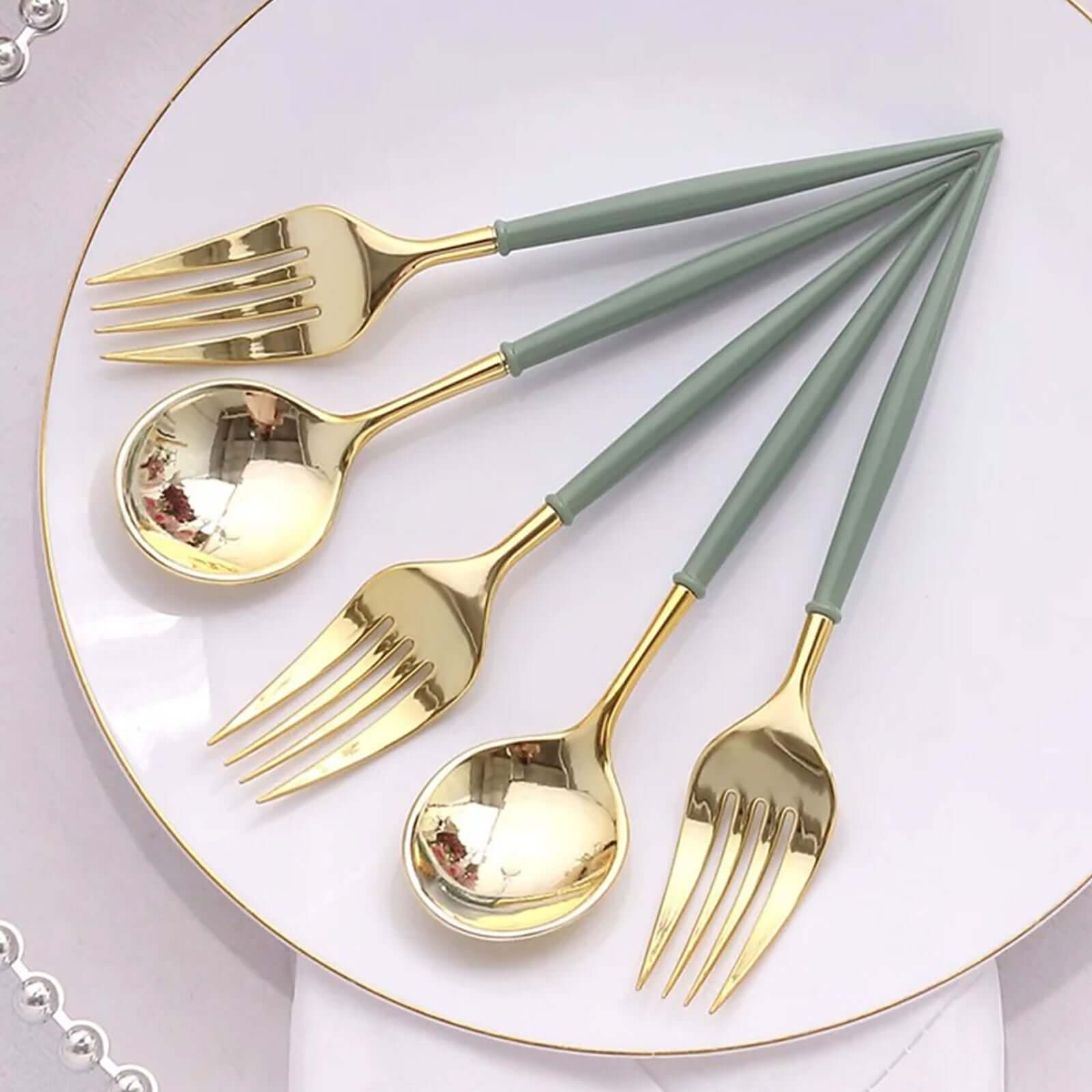 24-Pack Plastic Fork and Spoon Set Metallic Gold/Dusty Sage Green - Heavy Duty Disposable Modern Utensils 6" Disposables HIER_4220