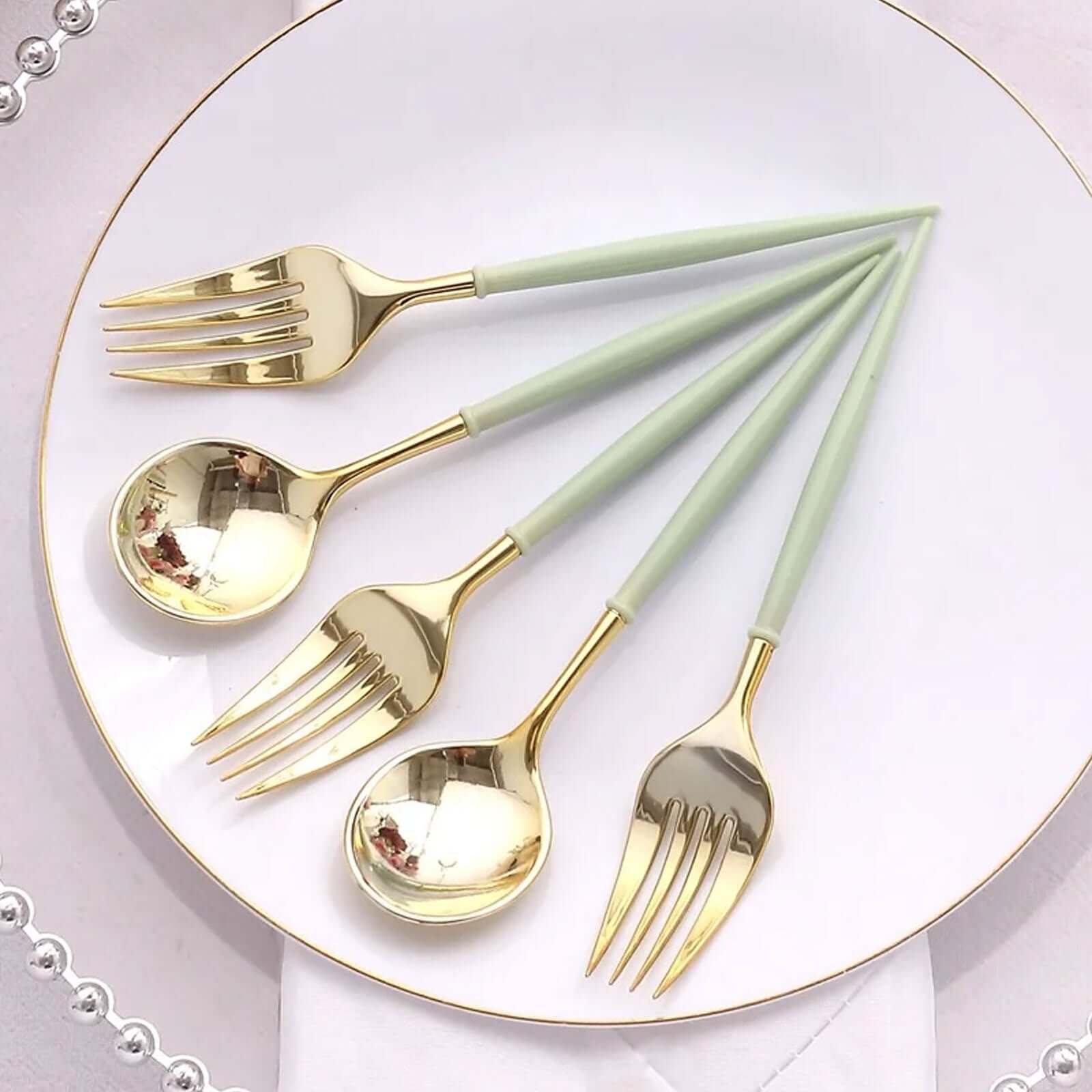 24-Pack Plastic Fork and Spoon Set Metallic Gold/Sage Green - Heavy Duty Disposable Modern Utensils 6" Disposables HIER_4220