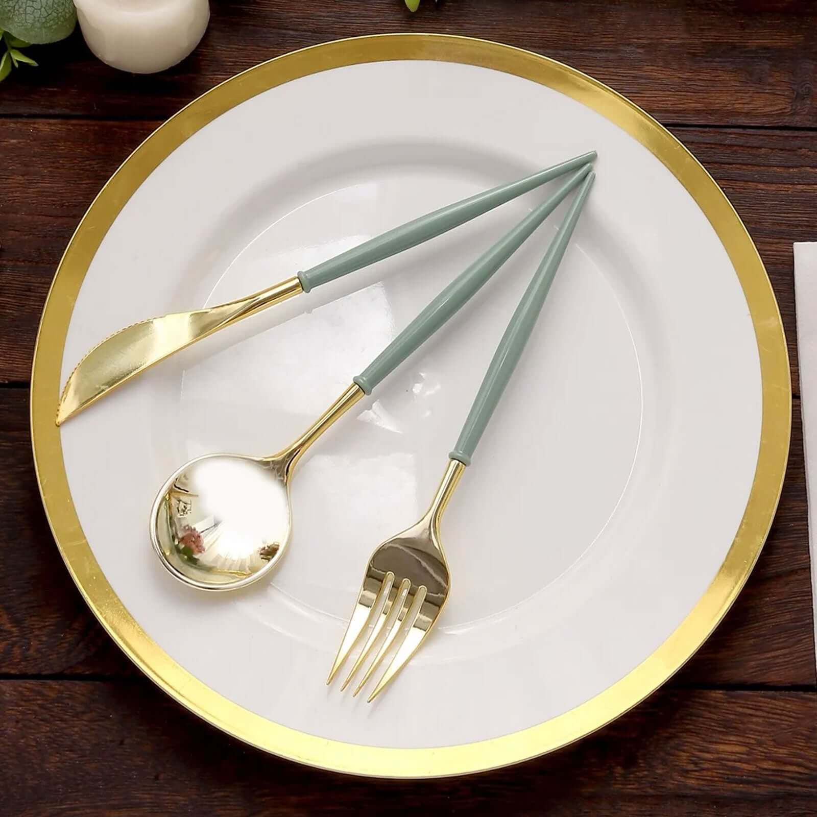 24-Pack Plastic Flatware Set in Metallic Gold with Dusty Sage Green Handle - Heavy Duty Disposable Modern Silverware 8" Disposables HIER_4220