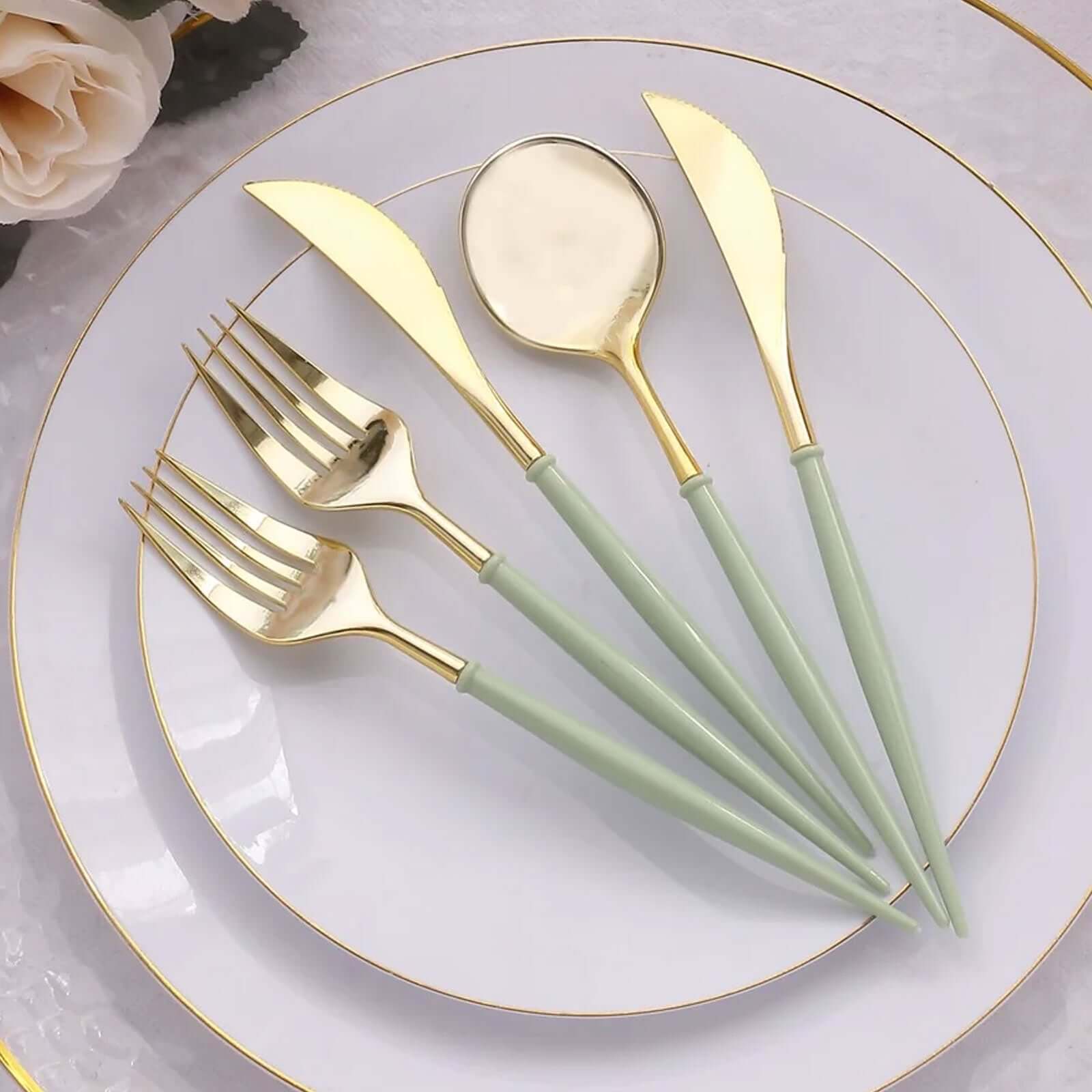 24-Pack Plastic Flatware Set in Metallic Gold with Sage Green Handle - Heavy Duty Disposable Modern Silverware 8" Disposables HIER_4220