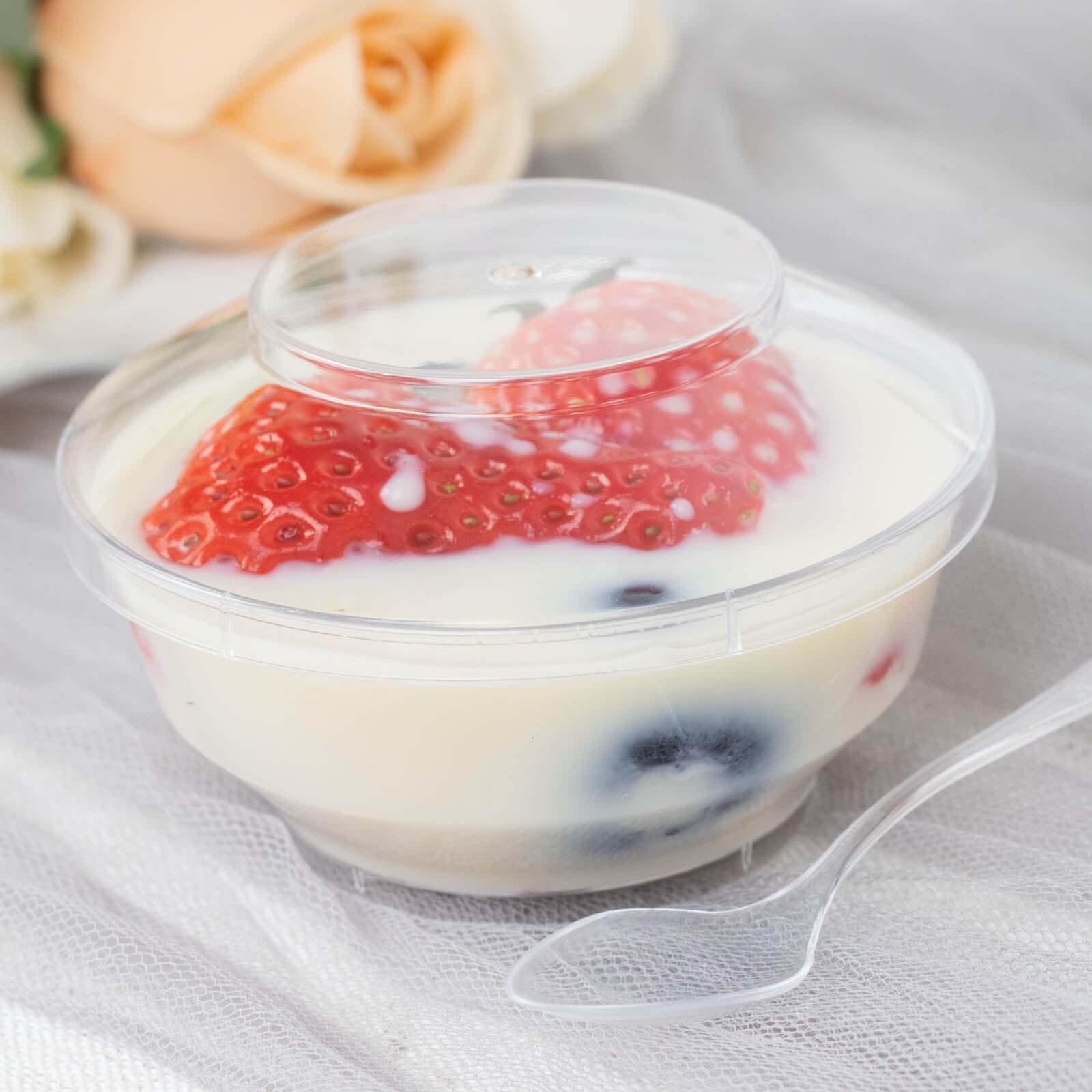 24-Pack Plastic Mini Party Bowl Set Clear with Lid and Spoon - Ideal for Desserts 3.5oz Disposables HIER_4400