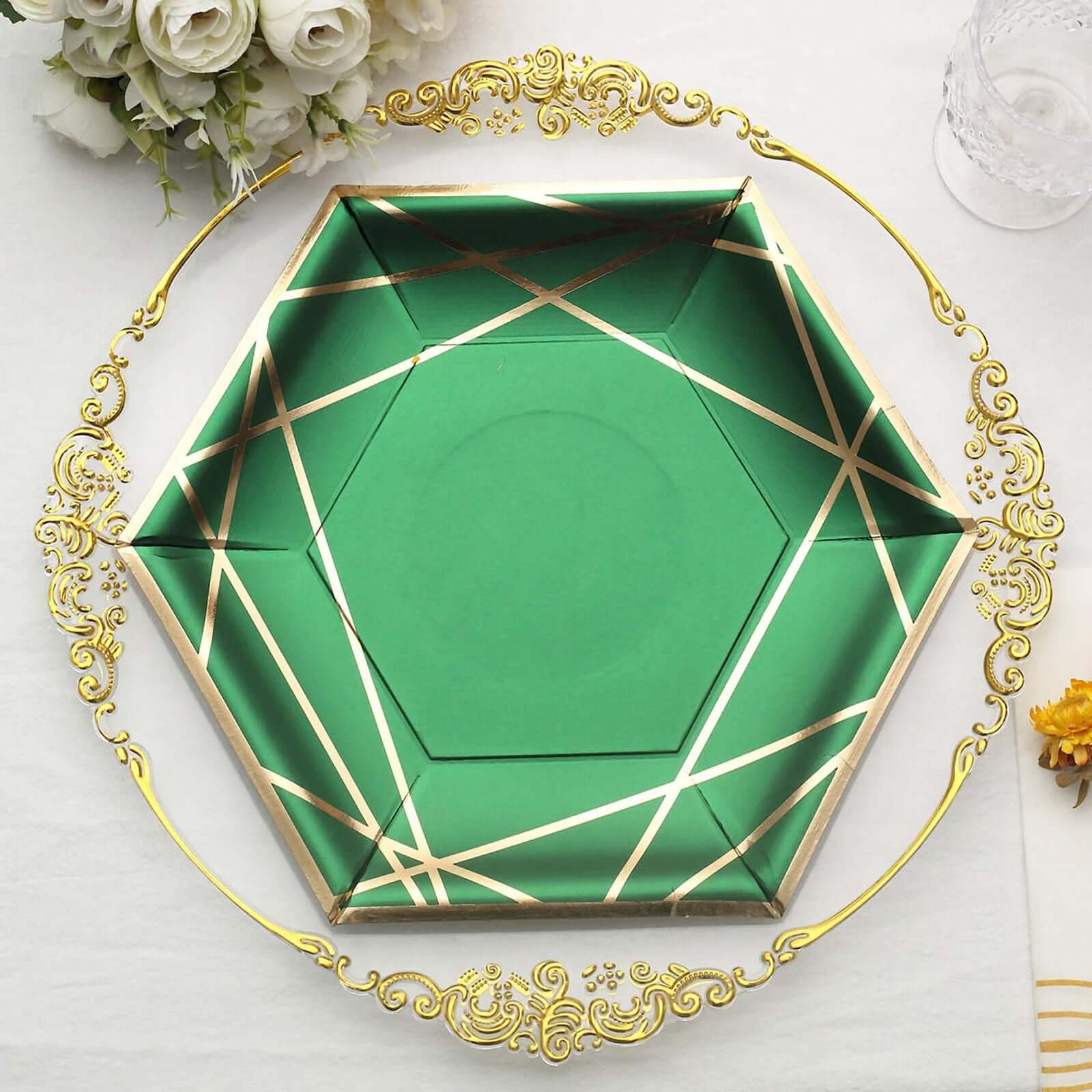 25-Pack Paper 7" Hexagon Dessert Plates in Hunter Emerald Green with Gold Geometric Lines & Rim - Stylish Disposable Geometric 300GSM Appetizer Salad Plates Disposables HIER_4130