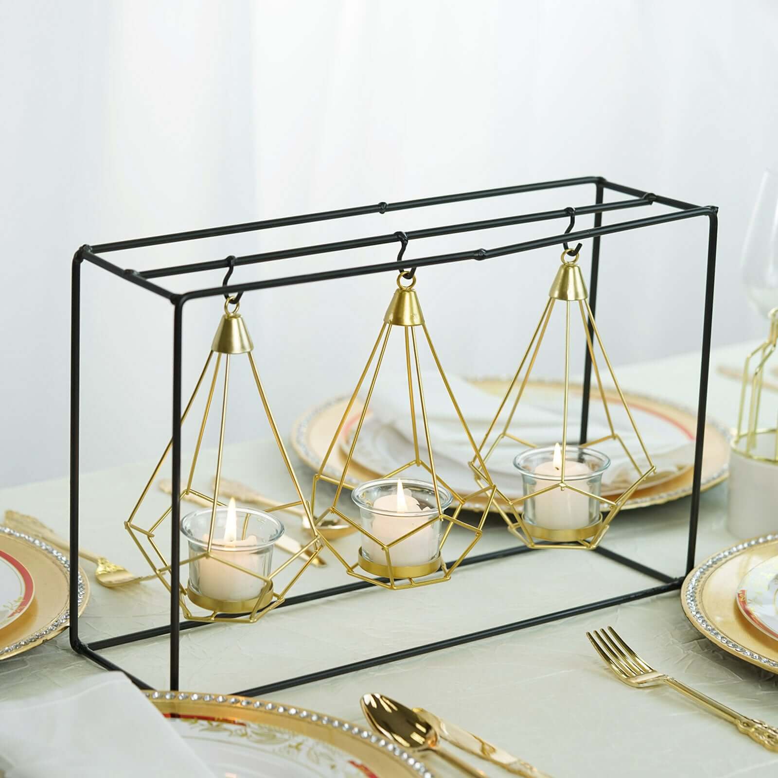 3-Pack Hanging Candle Holders Gold Geometric Design 8" with Black Iron Stand - Trendy Tealight Centerpieces for Tables 10" Tall Centerpieces HIER_7120