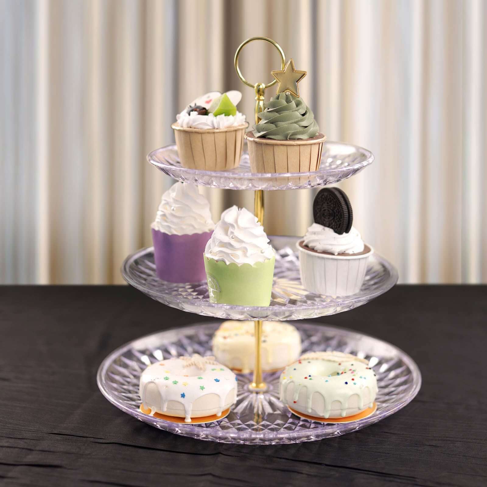 3-Tier Acrylic Cupcake Stand Clear - Sturdy Dessert Serving Tray Platter with Gold Top Handles for Classy Special Occasions & Dessert Buffets 12" Cake Stands HIER_7520