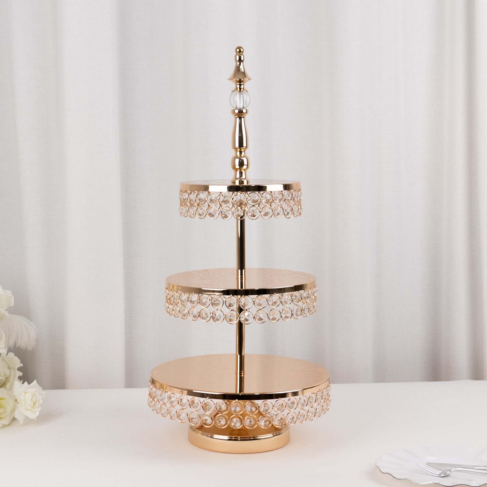 3-Tier Cake Stand Crystal Beaded Gold with Round Mirror Top - Metal Cupcake Tower Dessert Display 26" Cake Stands HIER_7520