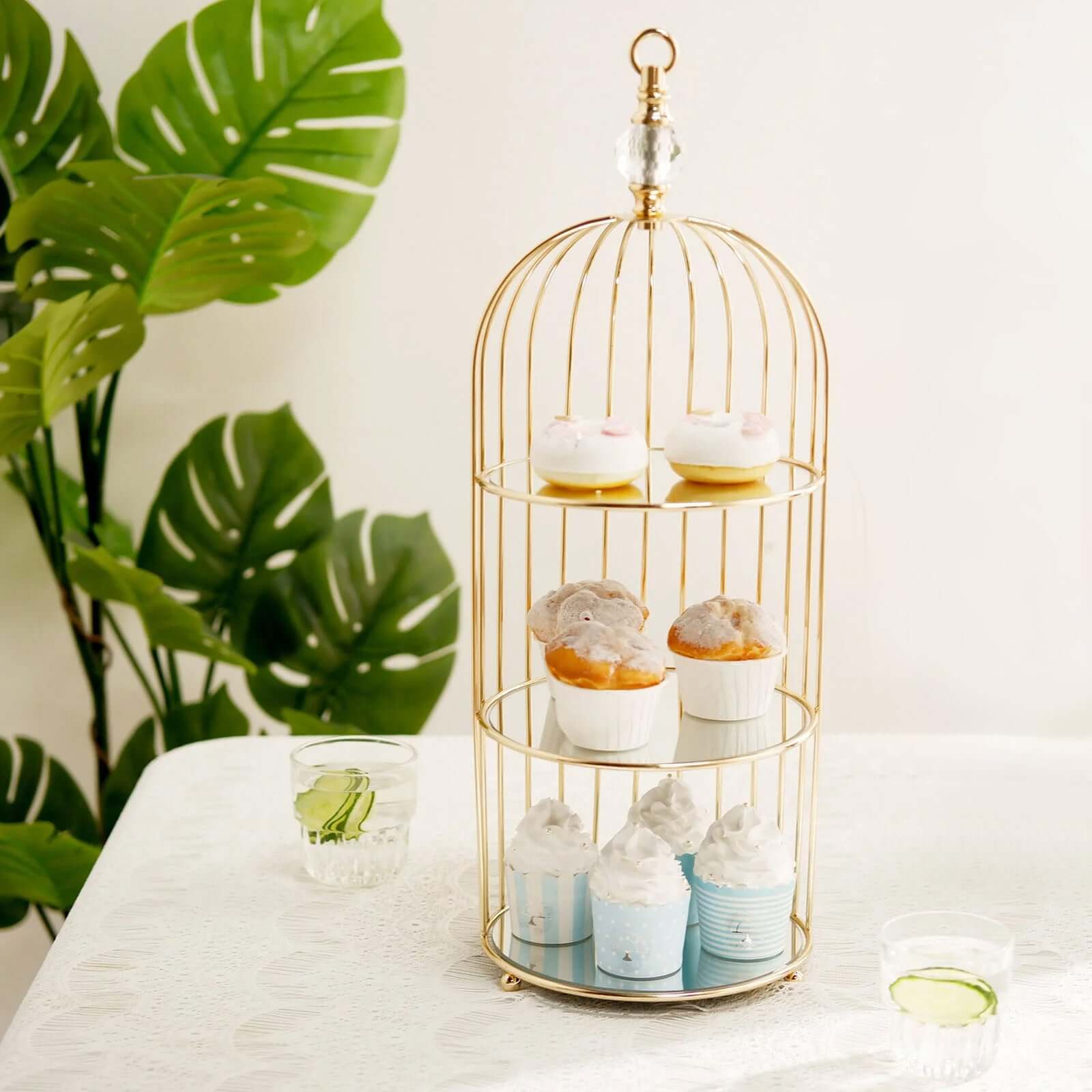 3-Tier Cupcake Cake Stand Bird Cage Design with Crystal Top Mirror Base - Serving Tray with Hanging Option 22" Cake Stands HIER_7520