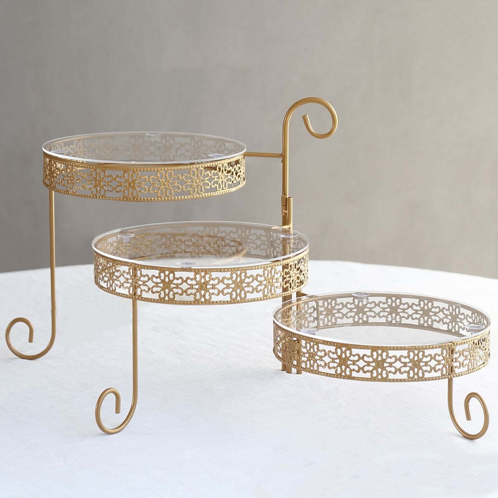 3-Tier Metal Rotating Cupcake Stand with Clear Acrylic Round Plates Gold - Hollow Lace Design Dessert Display 28" Cake Stands HIER_7520