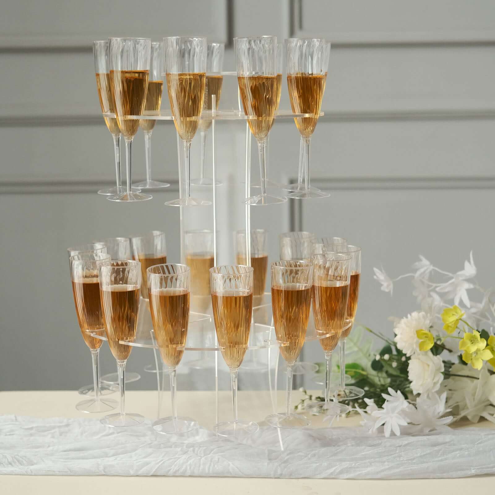 3-Tier Round Champagne Glass Holder Tower Clear Acrylic - Flute Display Rack Cocktail Tree Stand Holds 23 Stemware + 1 Bottle for Professional & Home Use 21" Centerpieces HIER_4520
