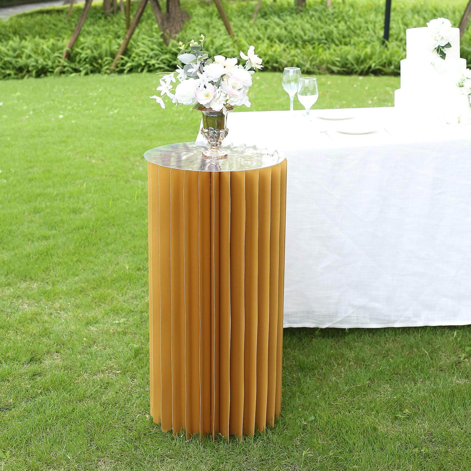 32" Gold Cylinder Display Column Stand, Pillar Pedestal Stand With Top Plate Decorations HIER_7600