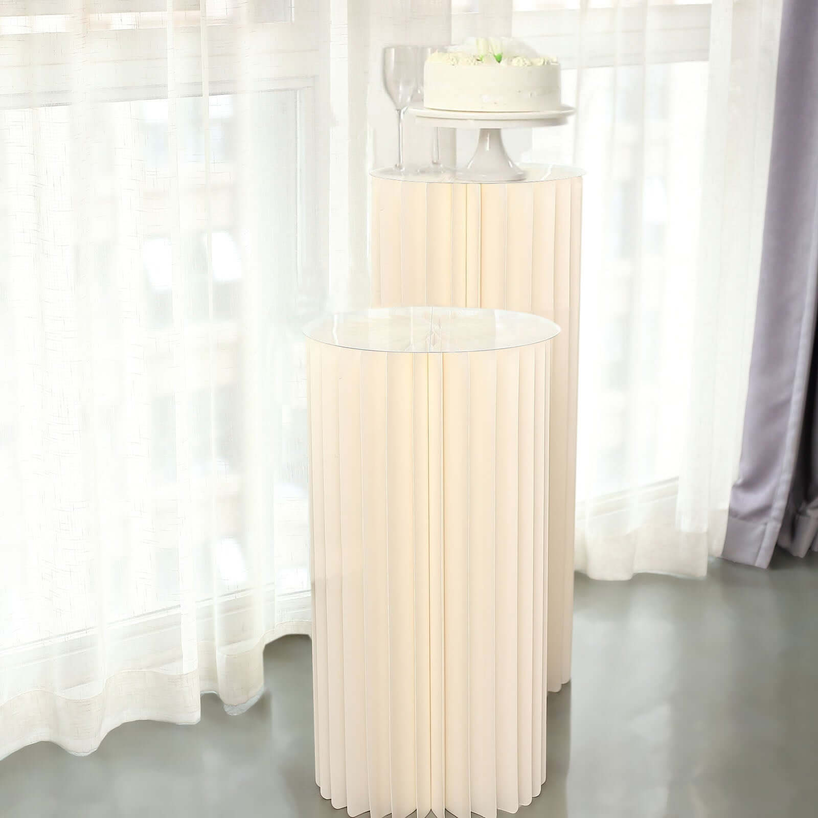 32" Ivory Cylinder Display Column Stand, Pillar Pedestal Stand With Top Plate Decorations HIER_7600