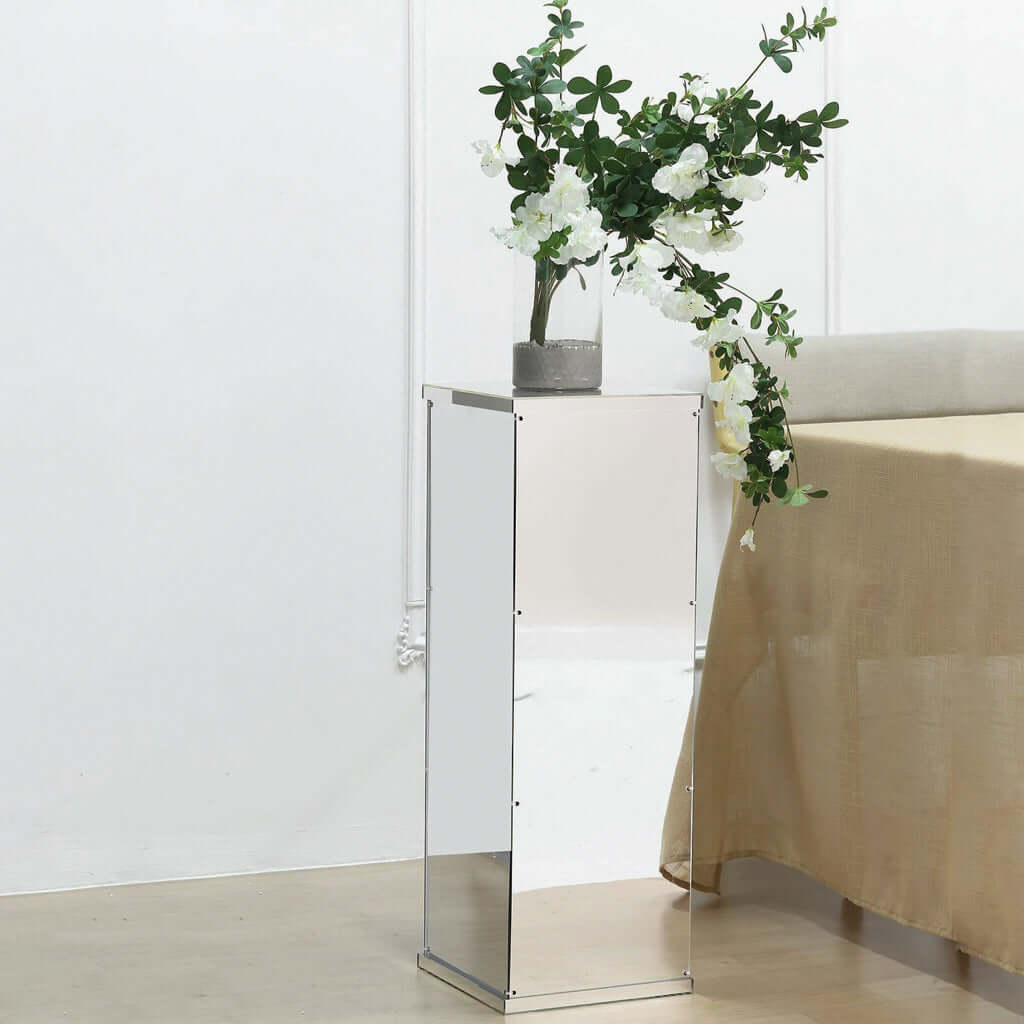 32" Silver Mirror Finish Acrylic Display Box, Pedestal Riser with Interchangeable Lid and Base Decorations HIER_7600