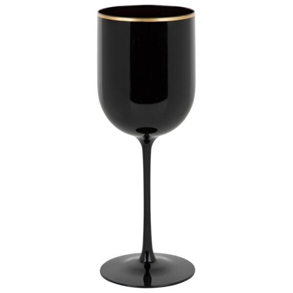 12 Oz Black/Gold Rim Plastic Wine Goblets 5 Pack