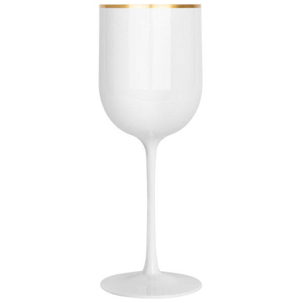 12 Oz White Plastic Wine Goblets with Gold Rim 5 Pack