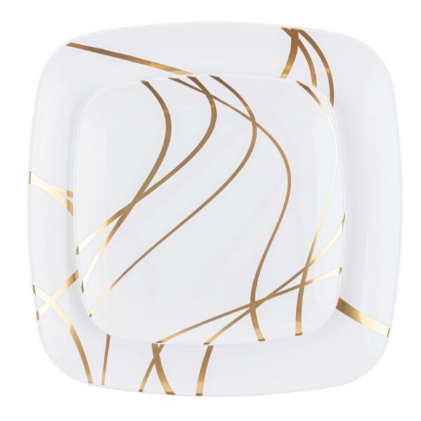 32 Pack White and Gold Square Plastic Dinnerware Set (16 Guests) - Impulse