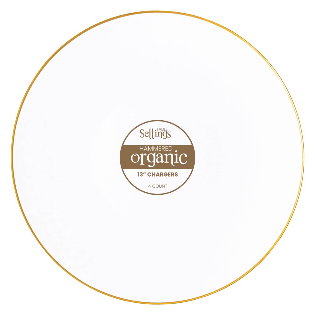 White and Gold Rim Hammered 13″ Round Plastic Charger Plate - 4 Pack