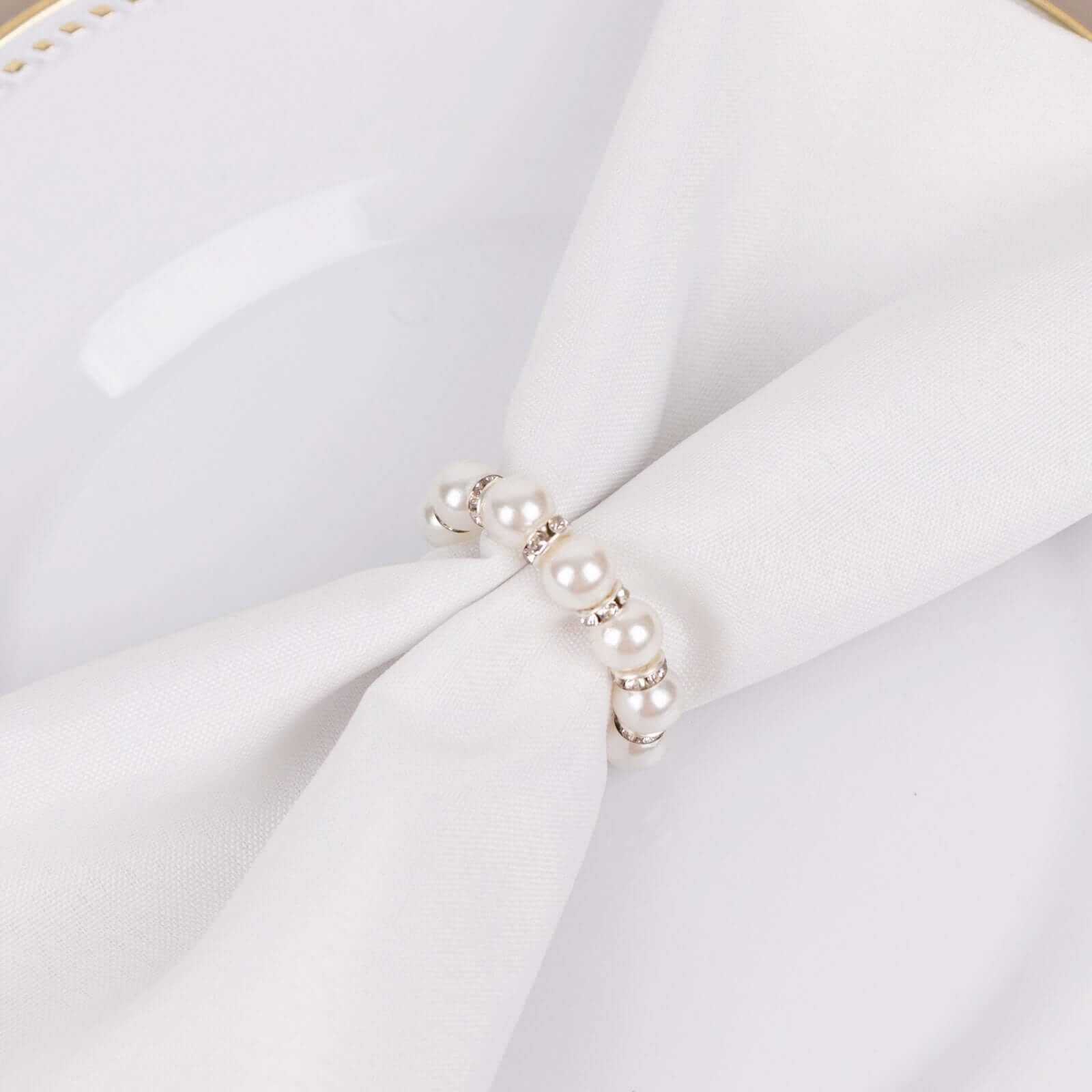 4 Pack 1.5" White Pearl Beads and Silver Rhinestone Napkin Rings, Elegant Round Serviette Buckle Napkin Holders Napkins HIER_2480