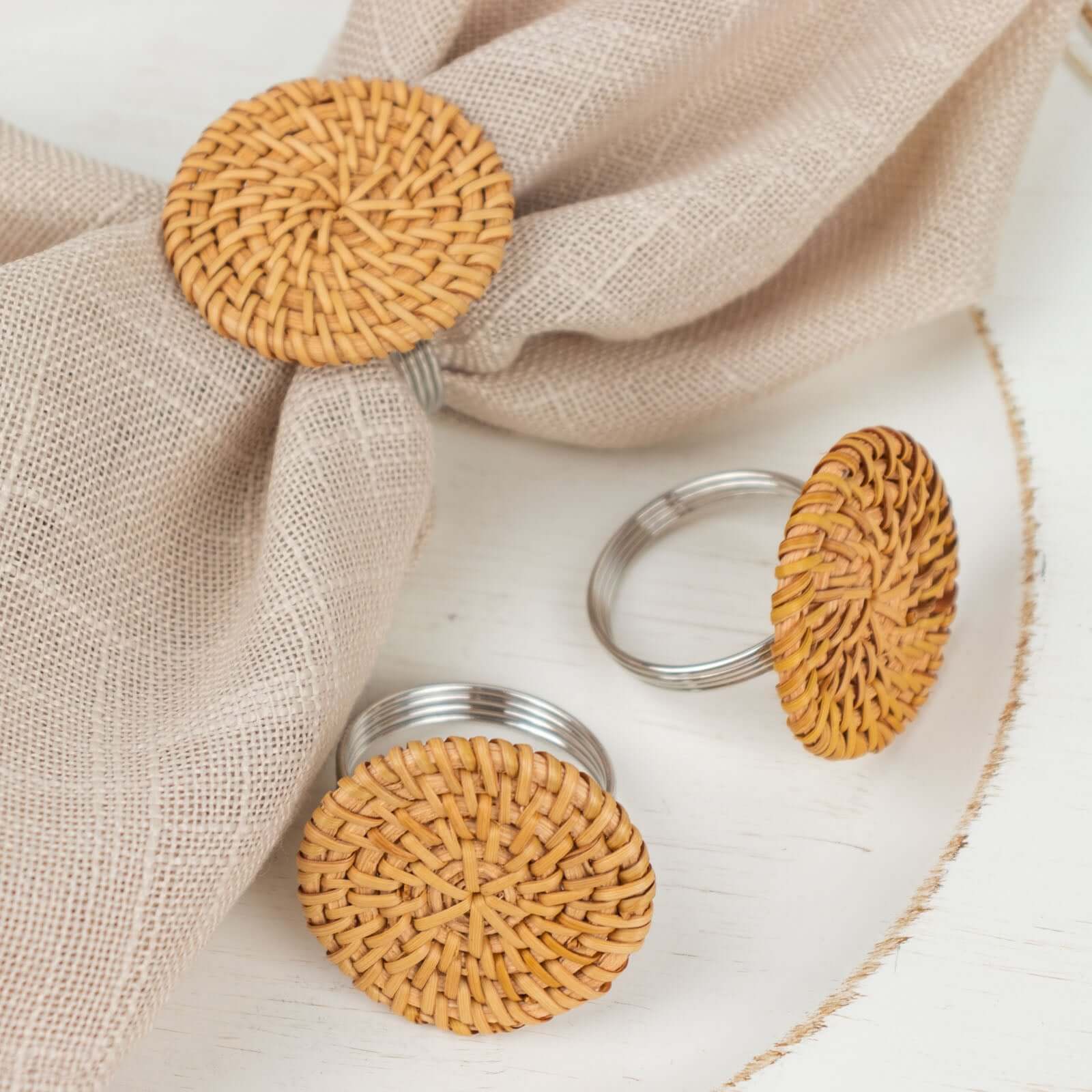 4 Pack 2" Natural Rustic Style Jute Rattan Metal Napkin Rings, Handmade Boho Chic Woven Serviette Buckle Holders Napkins HIER_2480