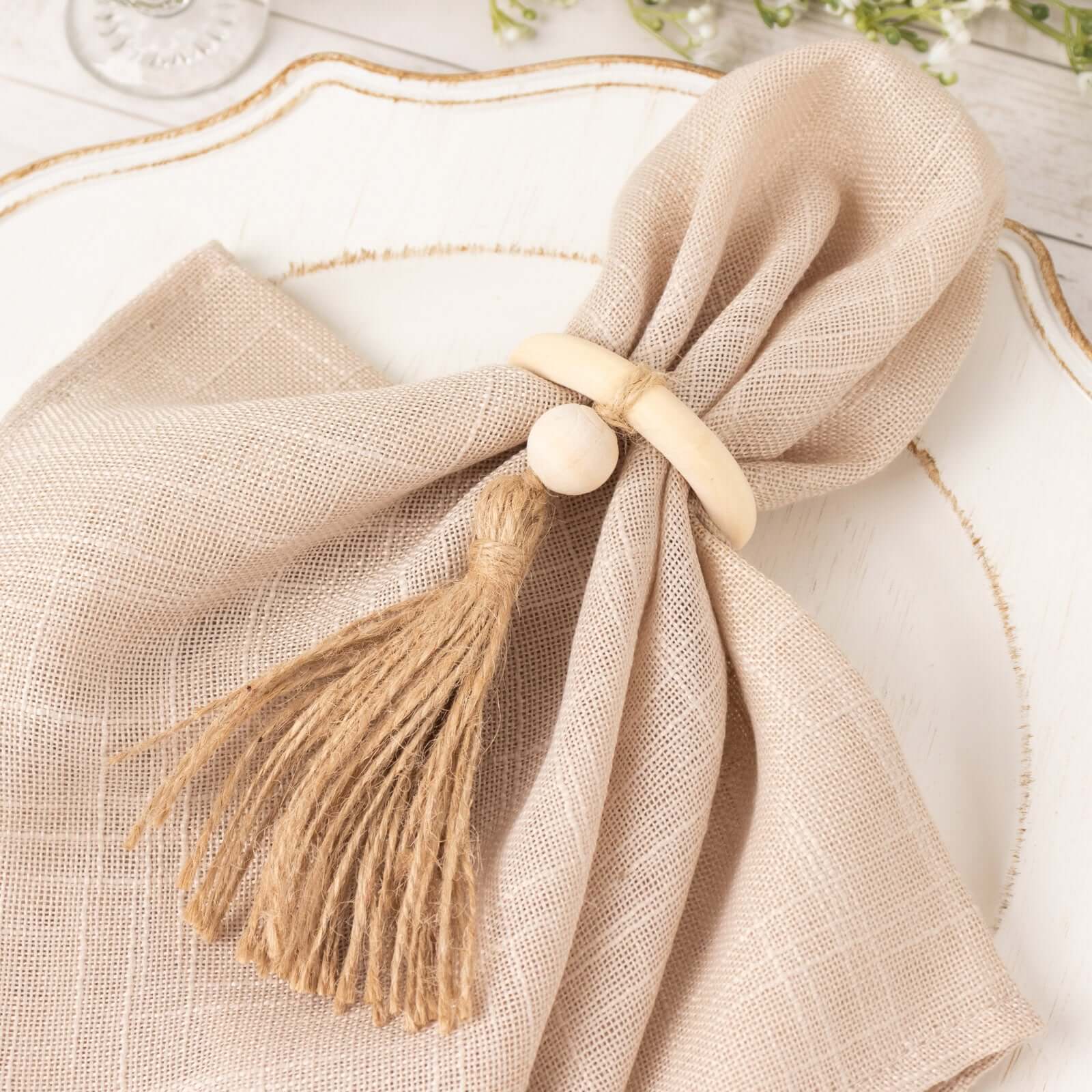 4 Pack Cream Wooden Napkin Rings with Woven Jute Beaded Tassel, Rustic Boho Chic Serviette Buckles Napkins HIER_2480