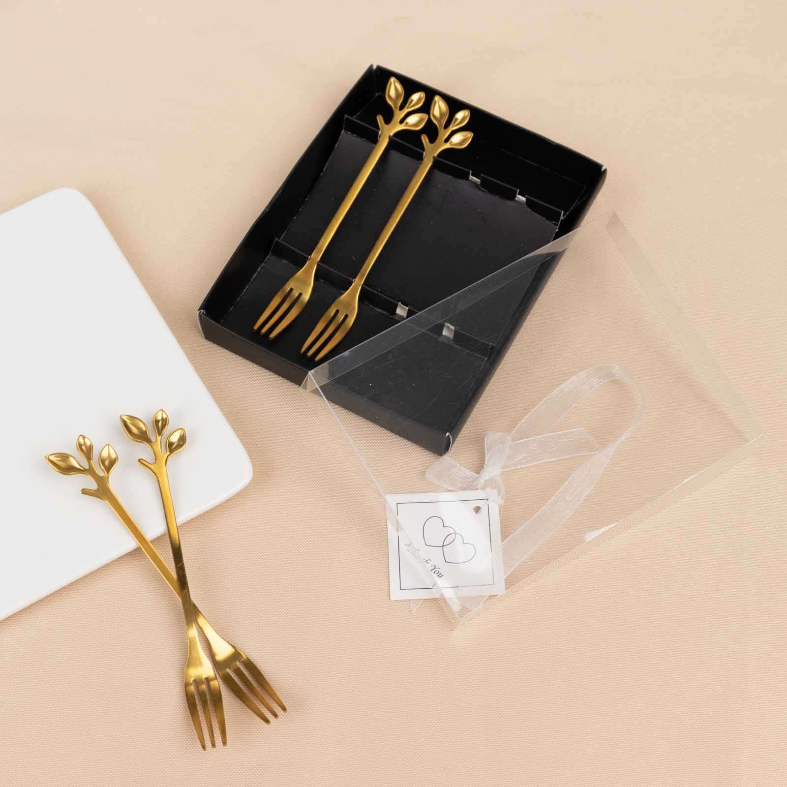 4 Pack Gold Metal Cake Dessert Forks With Leaf Handles, Pre-Packed Mini Forks Bridal Shower Souvenirs with Gift Boxes, Ribbons and Thank You Tags - 5" Decorations HIER_9750