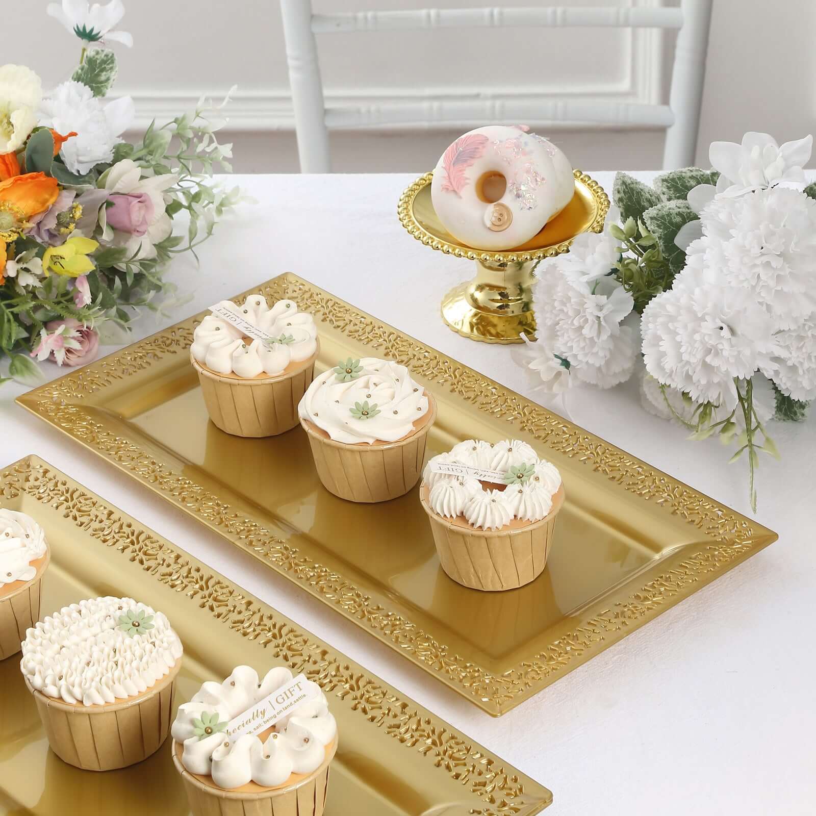 4-Pack Plastic 14" Rectangle Serving Trays Gold with Lace Rim - Chic Decorative Table Tray Platters for Buffets Banquets Dinner Parties Serving Tray HIER_7530