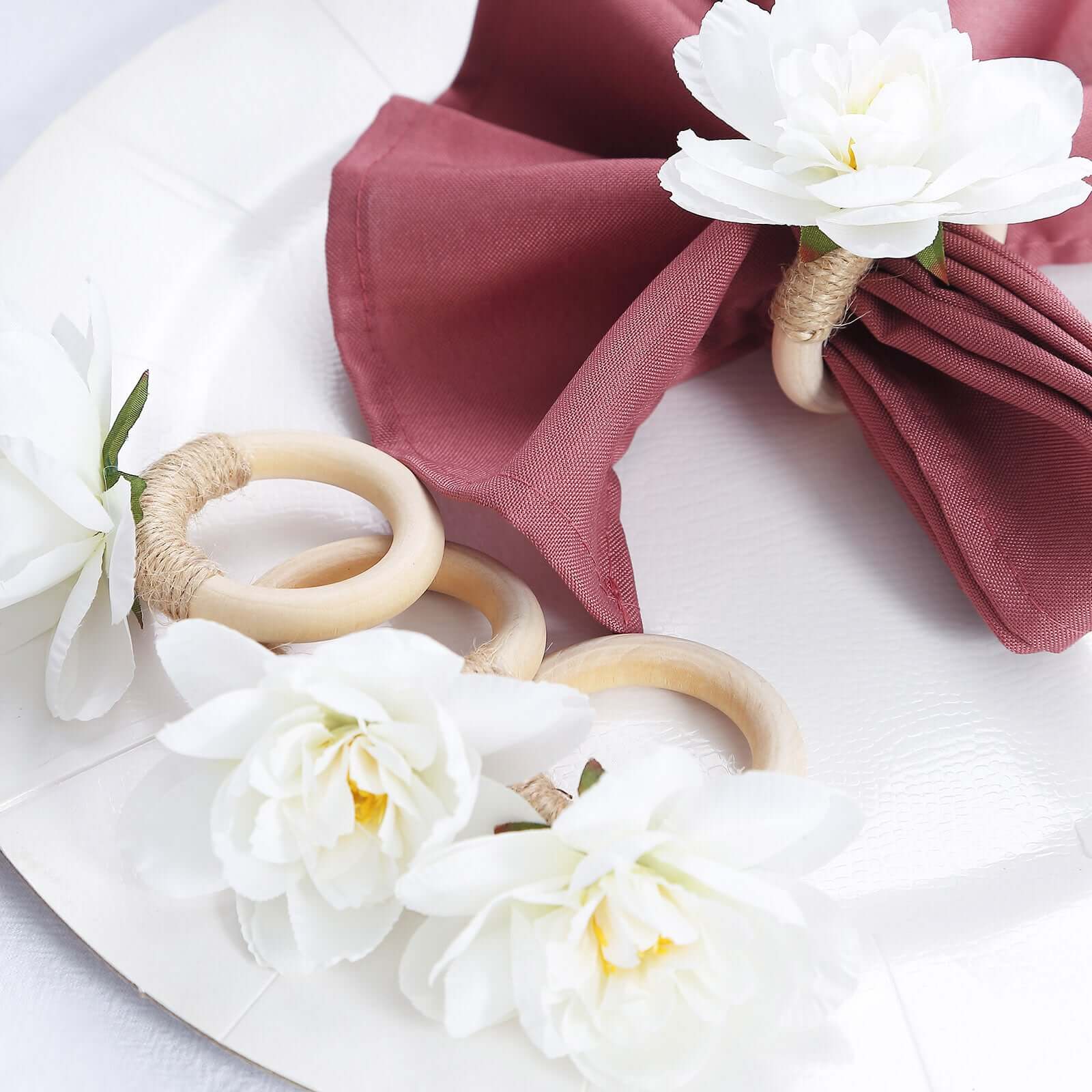 4 Pack White Silk Jasmine Flower Napkin Rings with Wooden Holder, Rustic Boho Serviette Buckles with Artificial Flowers Napkins HIER_2480