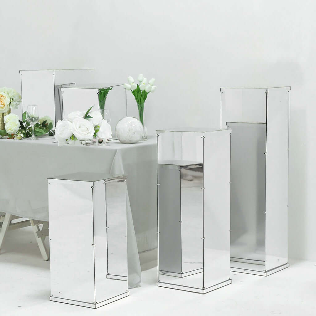 40" Floor Standing Silver Mirror Finish Acrylic Display Box, Pedestal Riser with Interchangeable Lid and Base Decorations HIER_7600