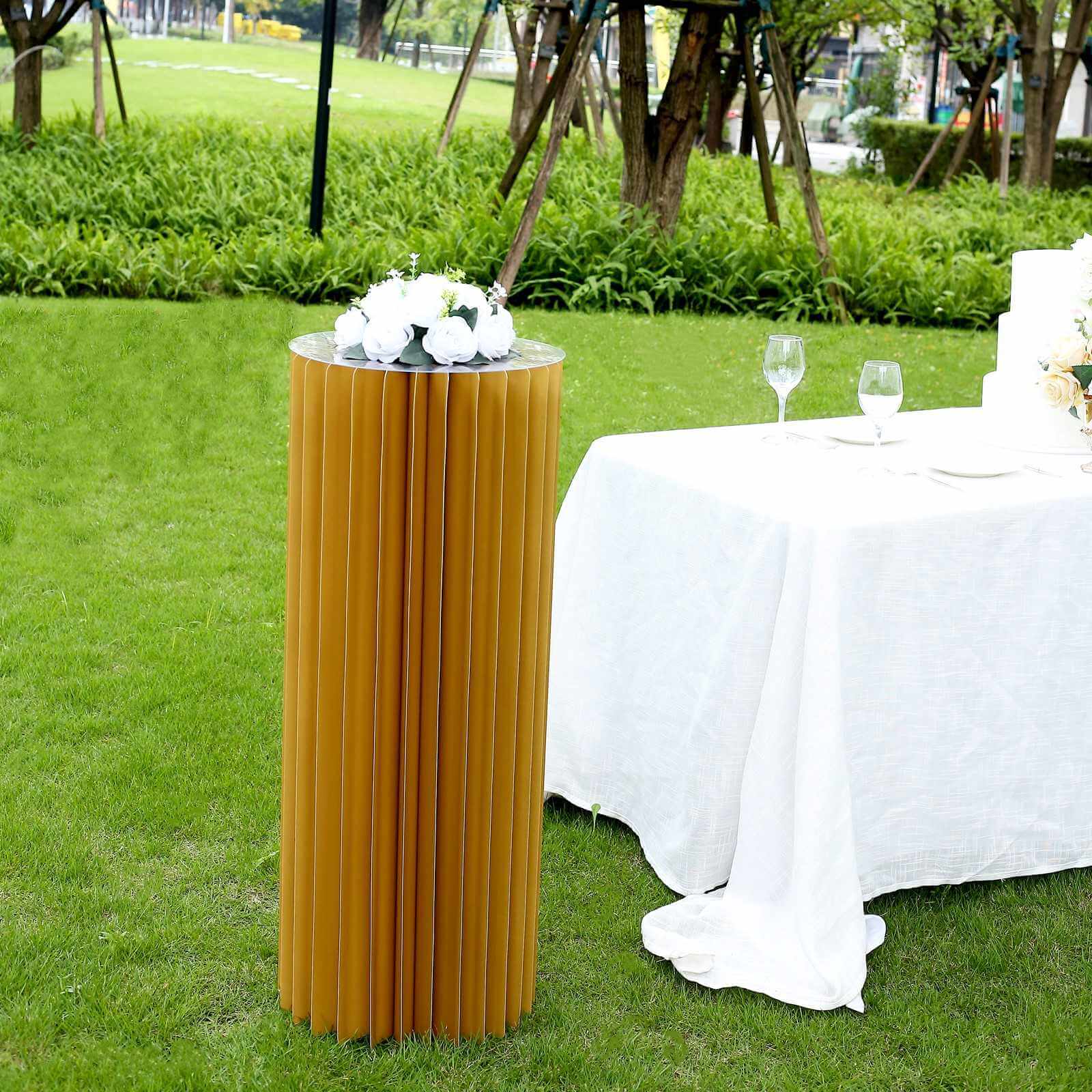 40" Gold Cylinder Display Column Stand, Pillar Pedestal Stand With Top Plate Decorations HIER_7600