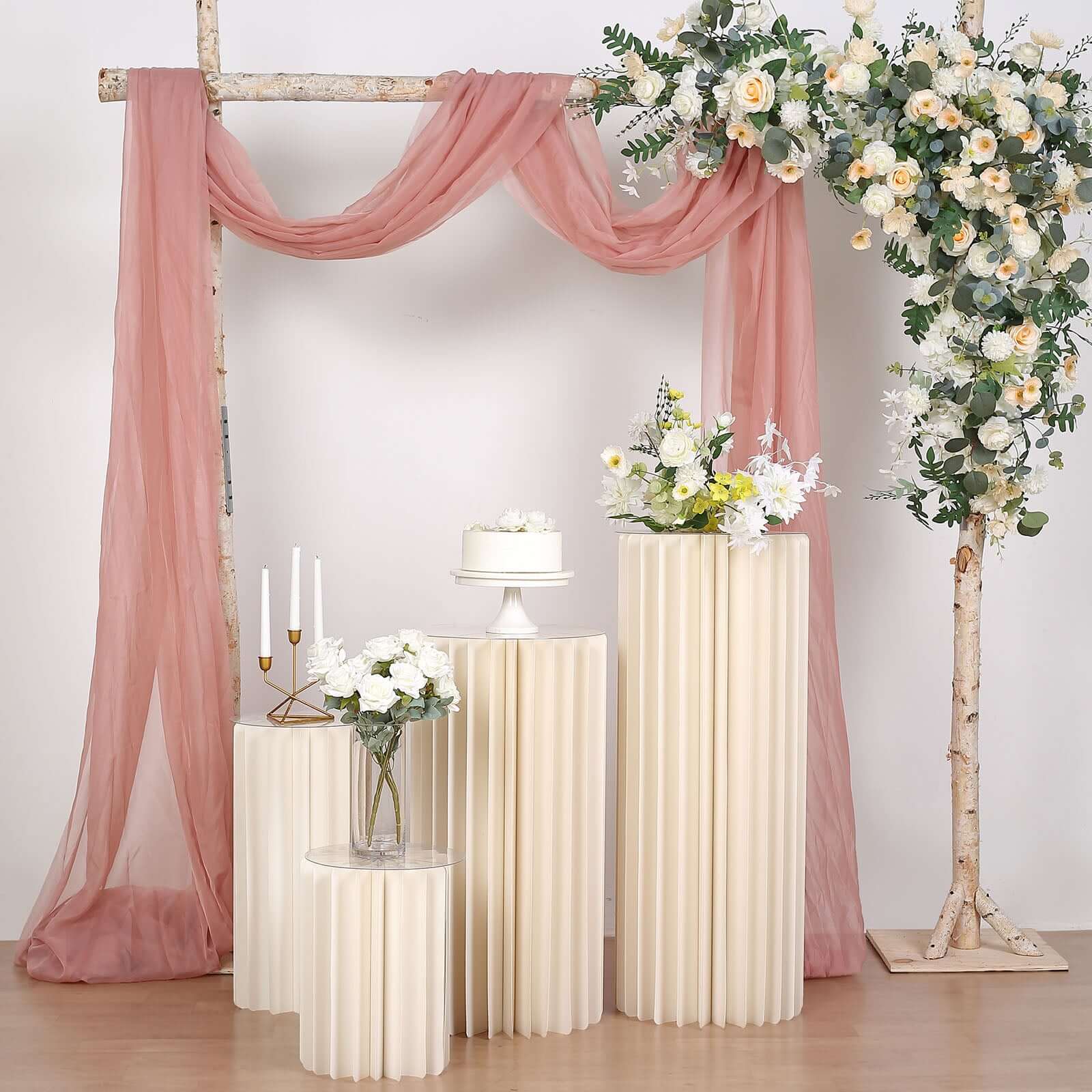 40" Ivory Cylinder Display Column Stand, Pillar Pedestal Stand With Top Plate Decorations HIER_7600