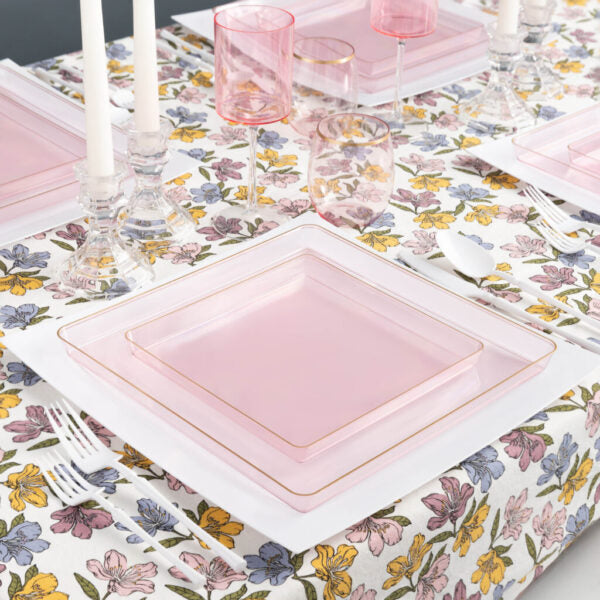Pink Transparent and Gold Rim Square Plastic Plates (10 Pack) - Square Edge